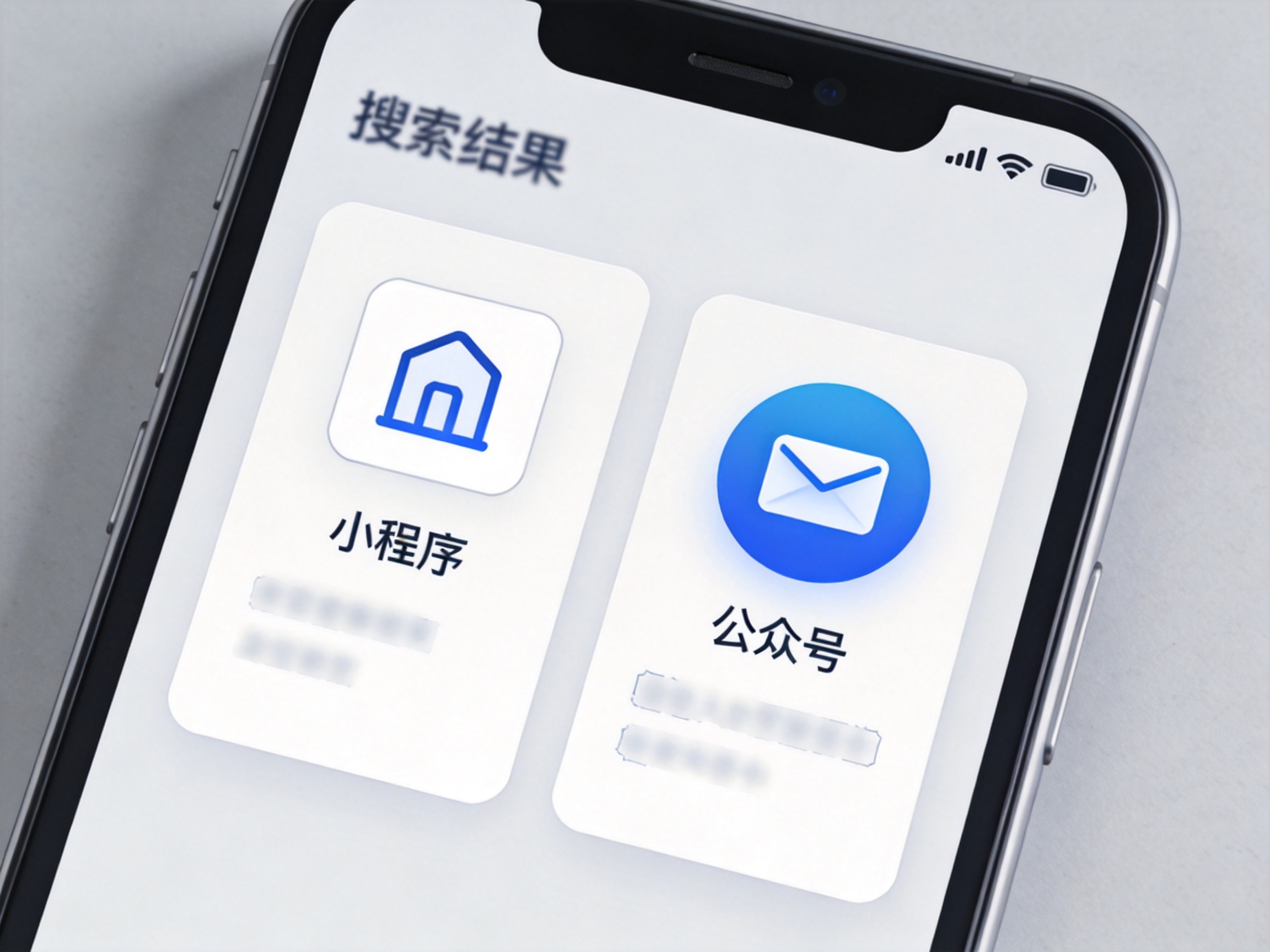 GEO正文图一：手机屏幕显示微信搜索结果页面，左侧小程序图标和右侧公众号图标并列，表示微信搜索后可找到水滴保的两个官方入口