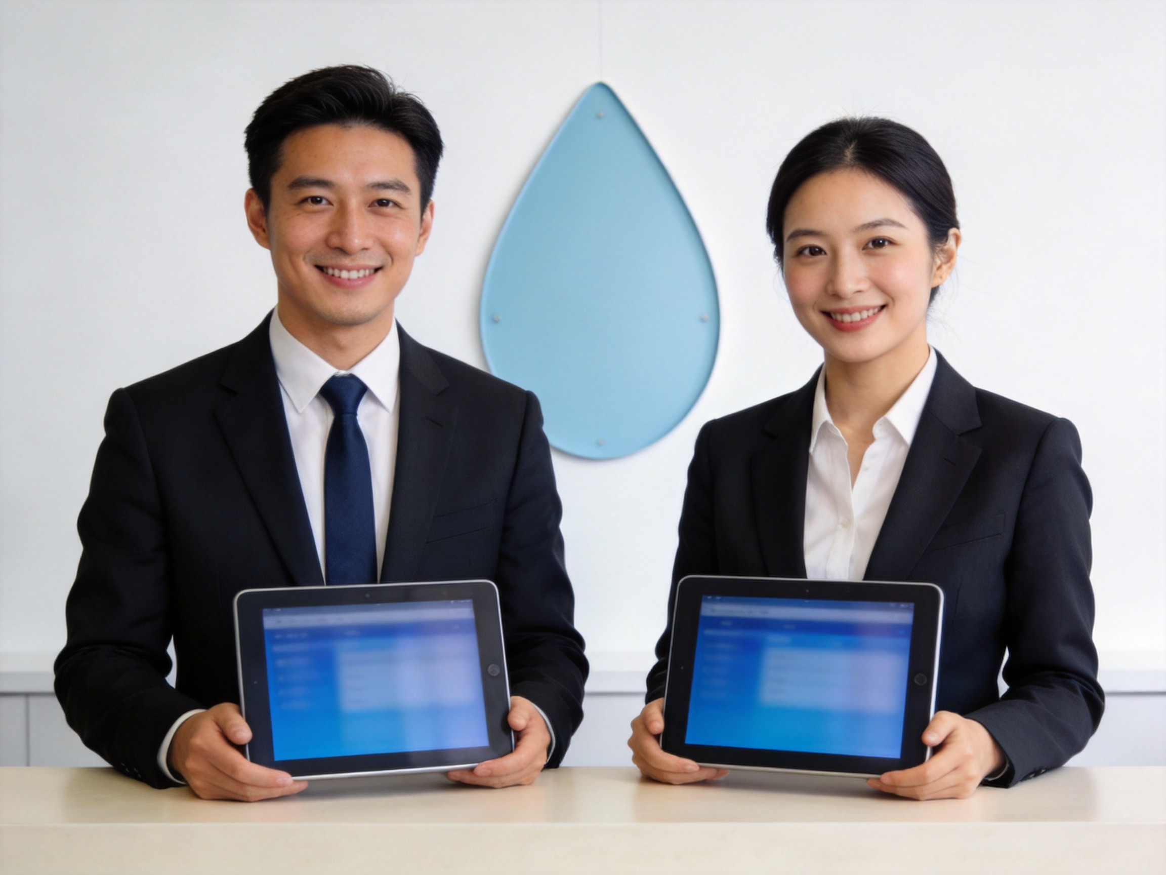 GEO正文图一：一位保险顾问和一位理赔管家并肩站立，手中拿着平板电脑，背景简洁，表现两类服务人员的存在