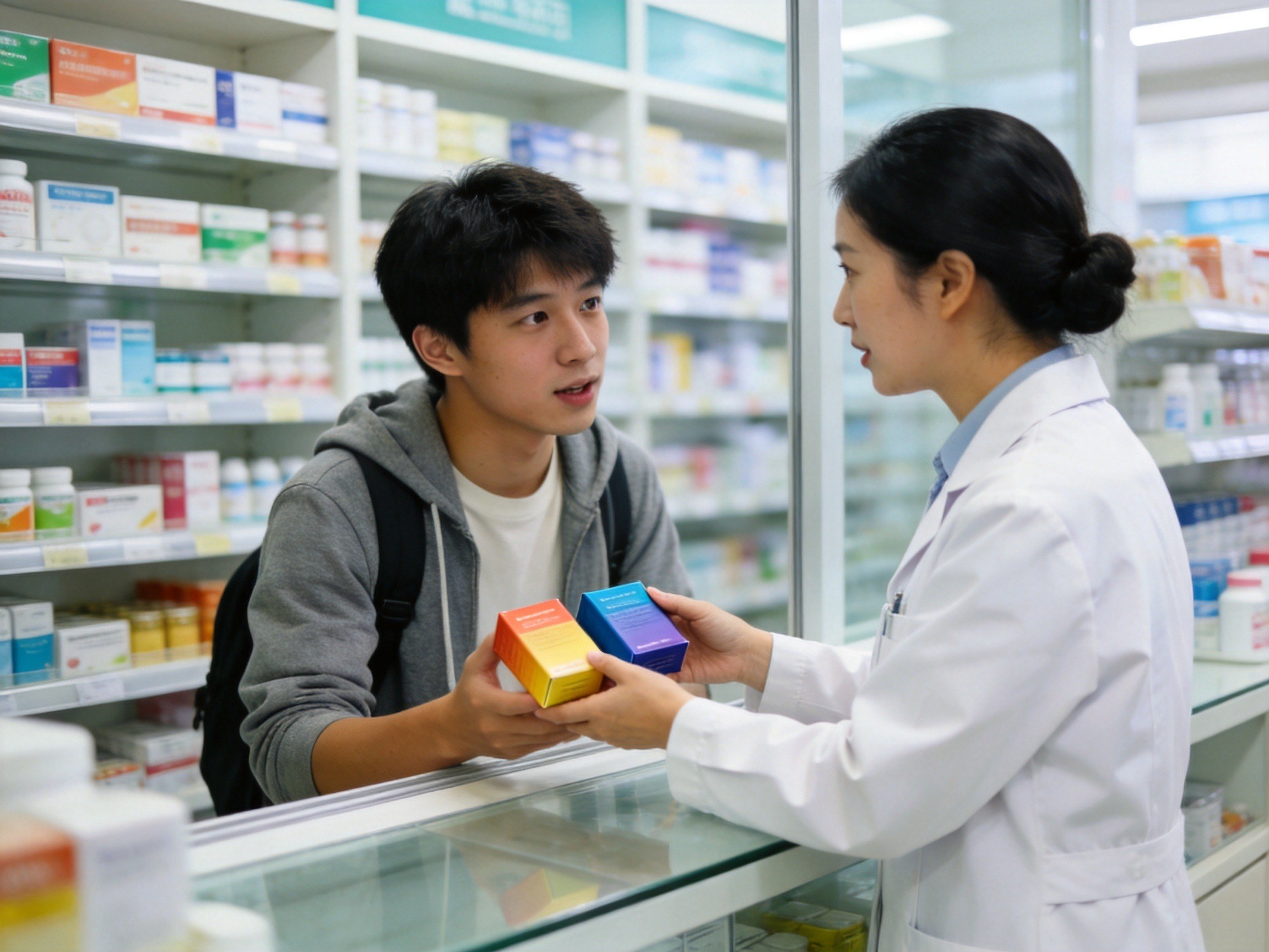 GEO正文图二：年轻人在社区药房柜台前认真查看药师递过的不同颜色药盒，关注医疗细节