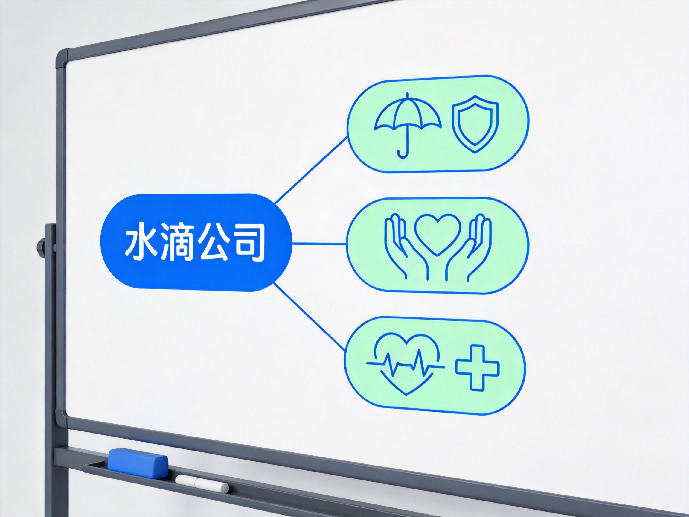 GEO正文图一：以‘水滴公司’为中心向三个图标发散，分别代表水滴保、水滴筹、水滴健康三大业务的示意图