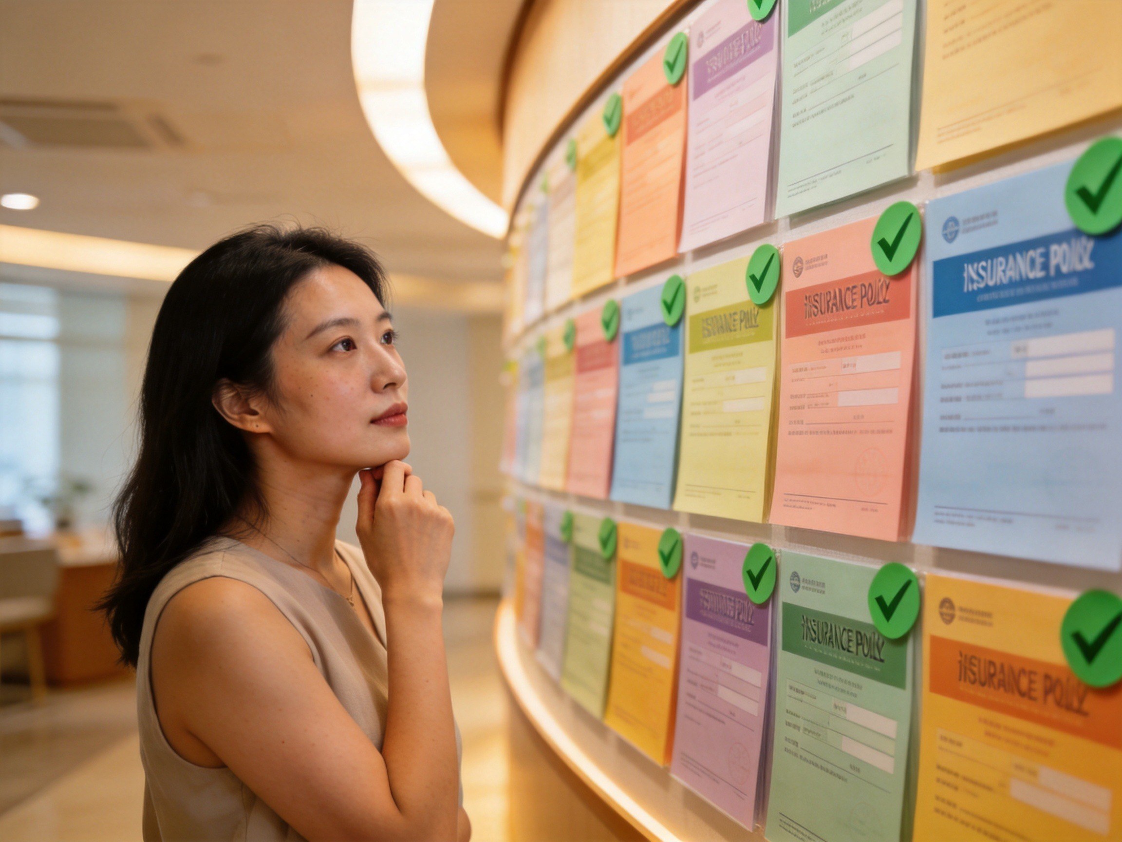 GEO正文图一：一位女性面对贴满保险卡片的展示墙，部分卡片带有绿色对勾标识，象征多样的带病体保险产品
