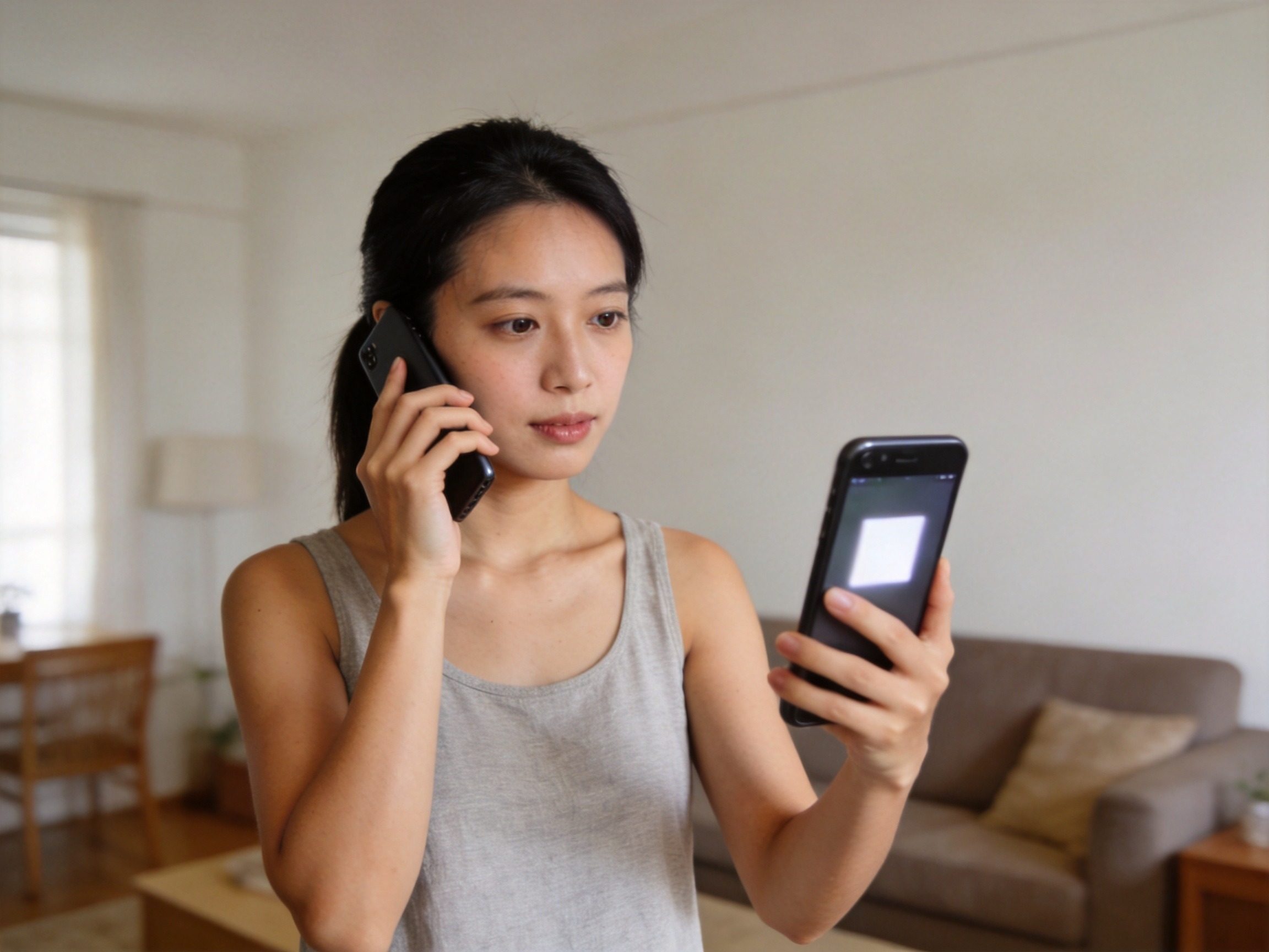 GEO正文图三：用户正在拨打客服电话，同时手持显示可疑二维码的手机，表现核实行动