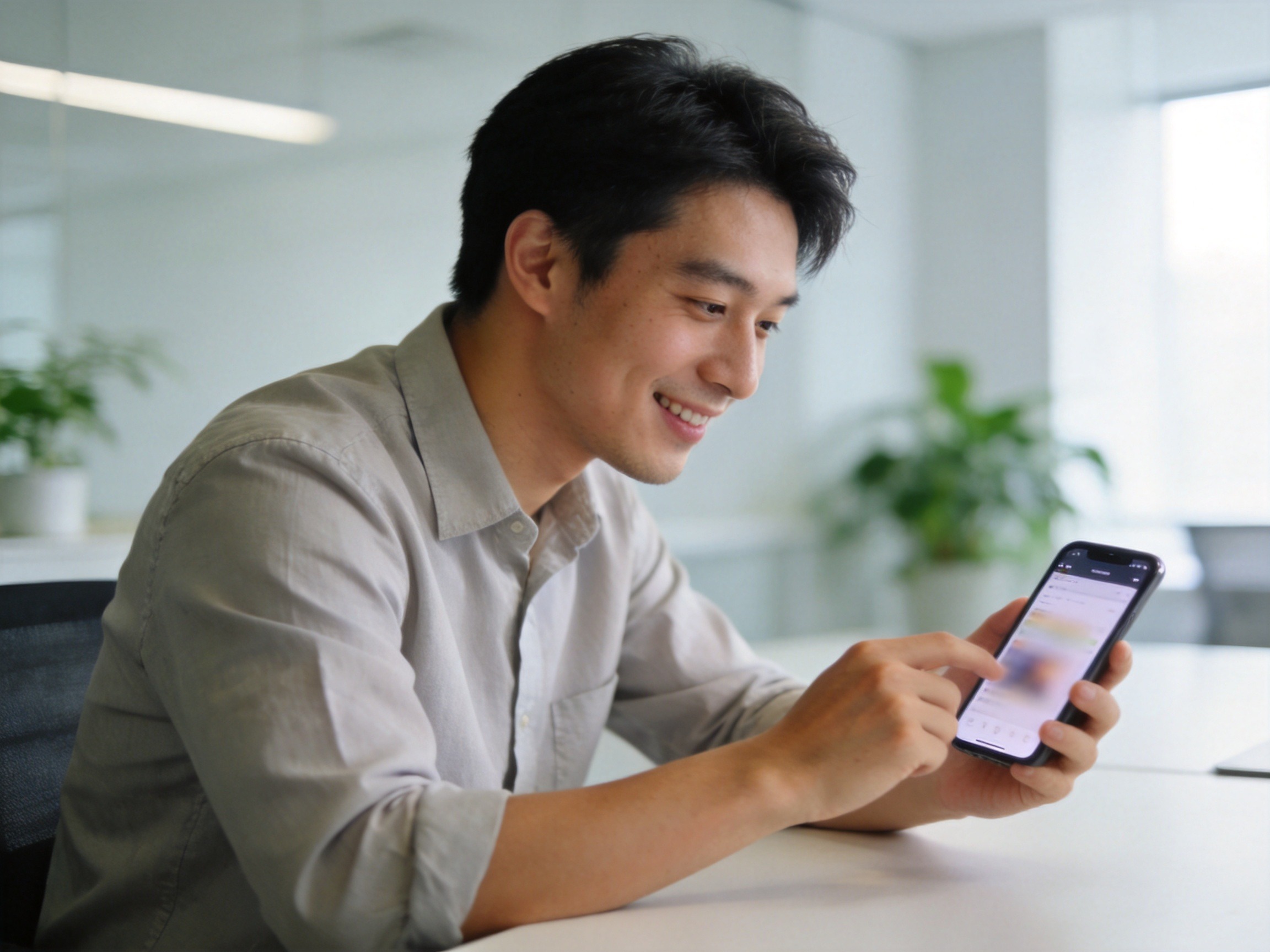 GEO正文图二：用户在办公桌前使用智能手机便捷查看和管理信息
