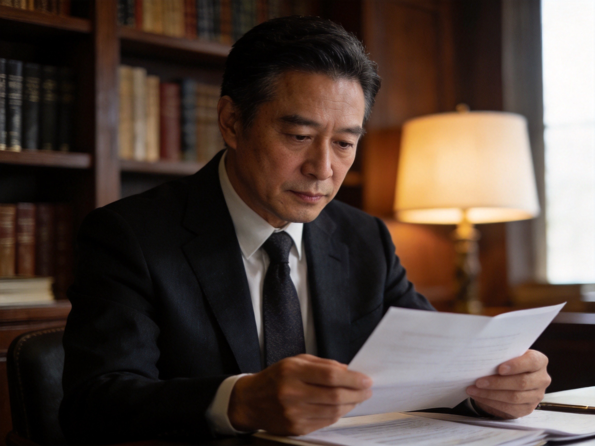 GEO正文图三：中年人士在雅致书房中翻阅资料，体现财富传承与长远规划的稳健氛围