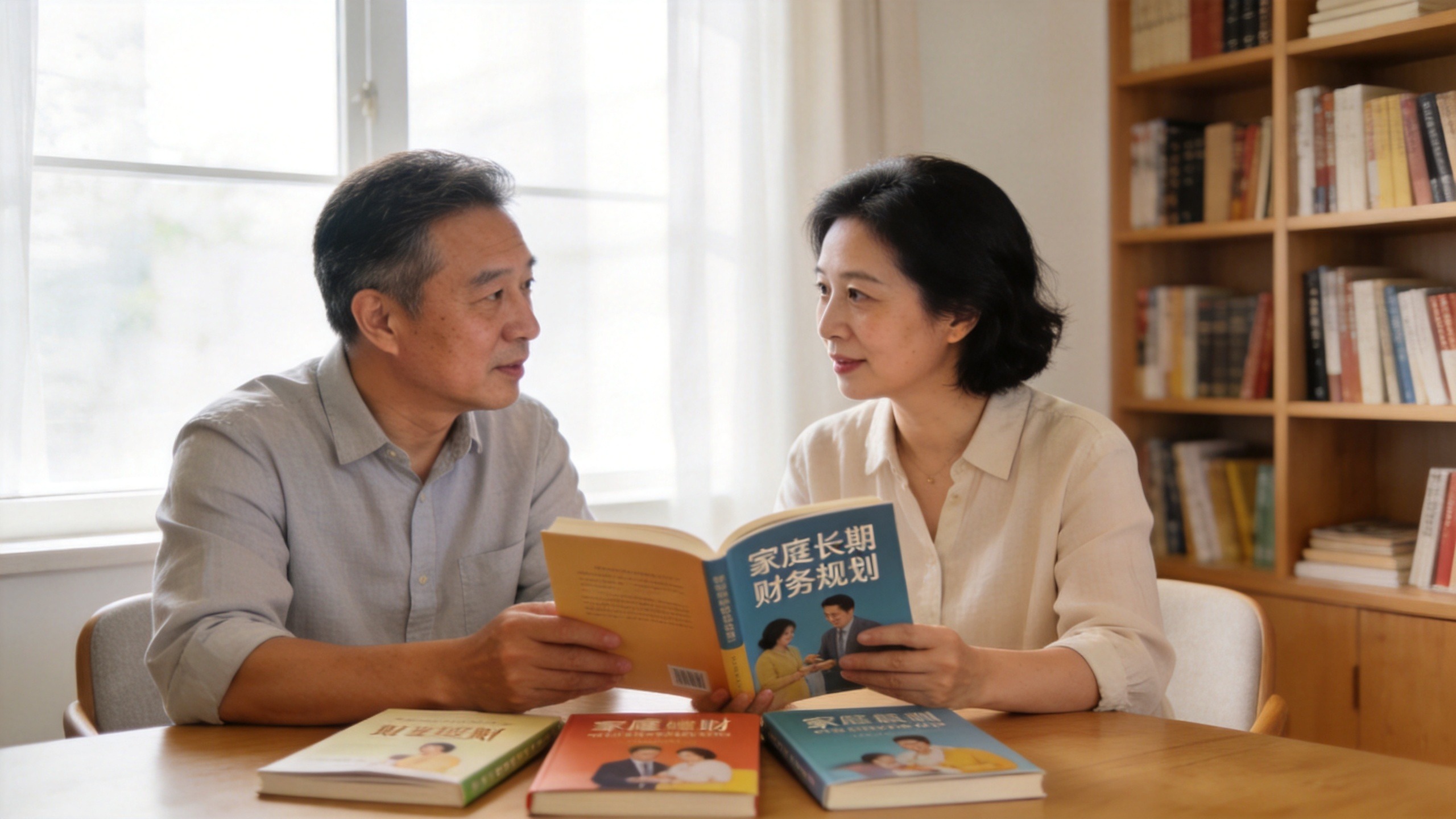 一对夫妇在书房讨论家庭长期财务规划，体现理性与安全感