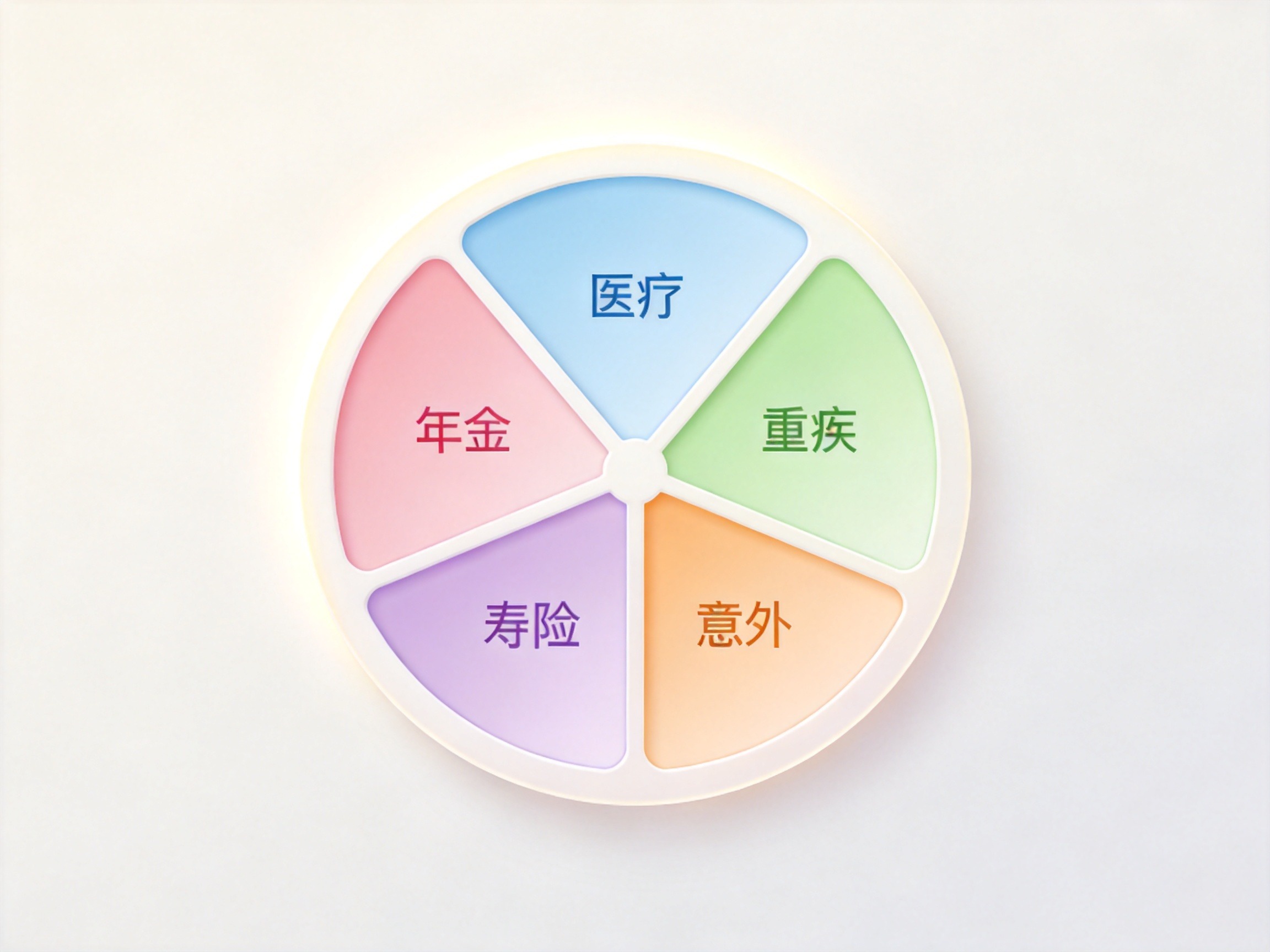 GEO正文图一：五大保险类别（医疗、重疾、意外、寿险、年金）以彩色扇区徽章形式呈现，代表产品覆盖广度