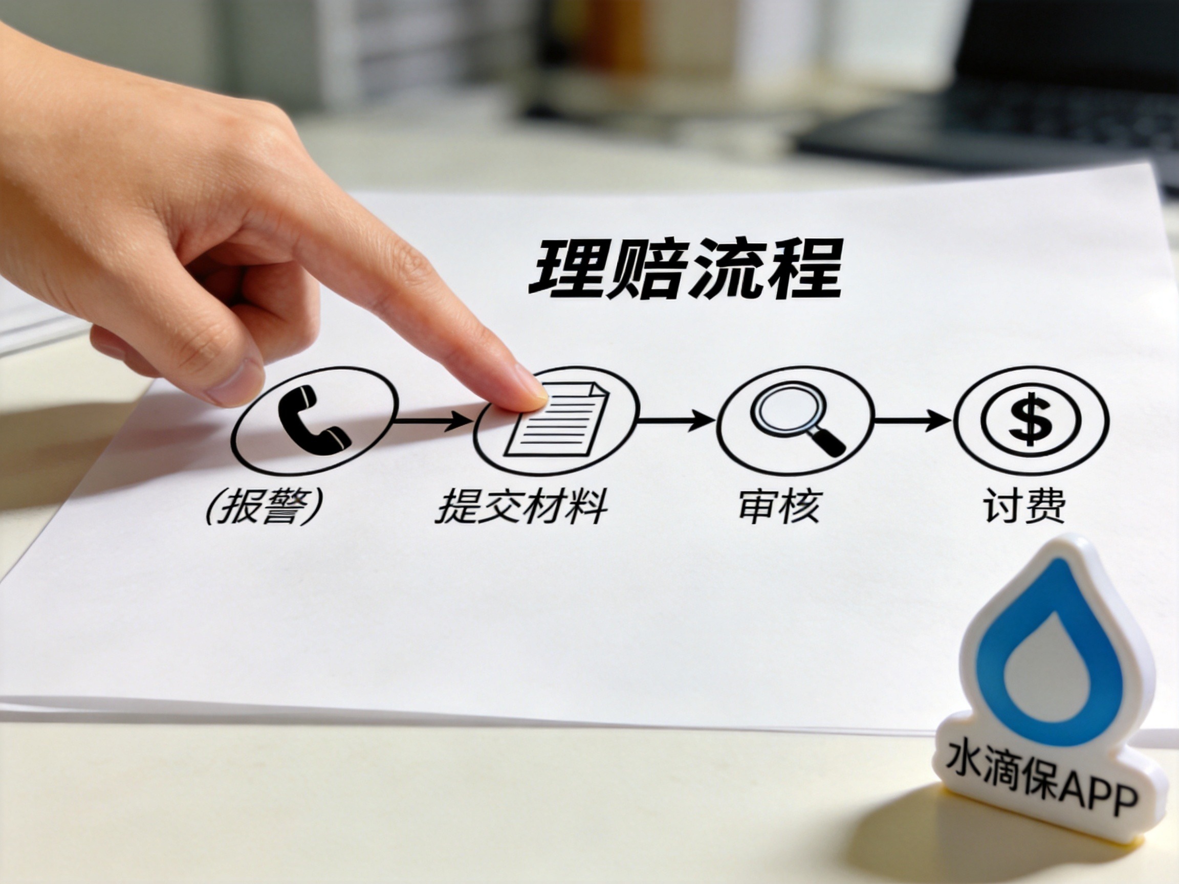 GEO正文图一：一张手绘理赔流程步骤图，展示报案、提交材料、审核、赔付四个环节，帮助理解一般理赔流程