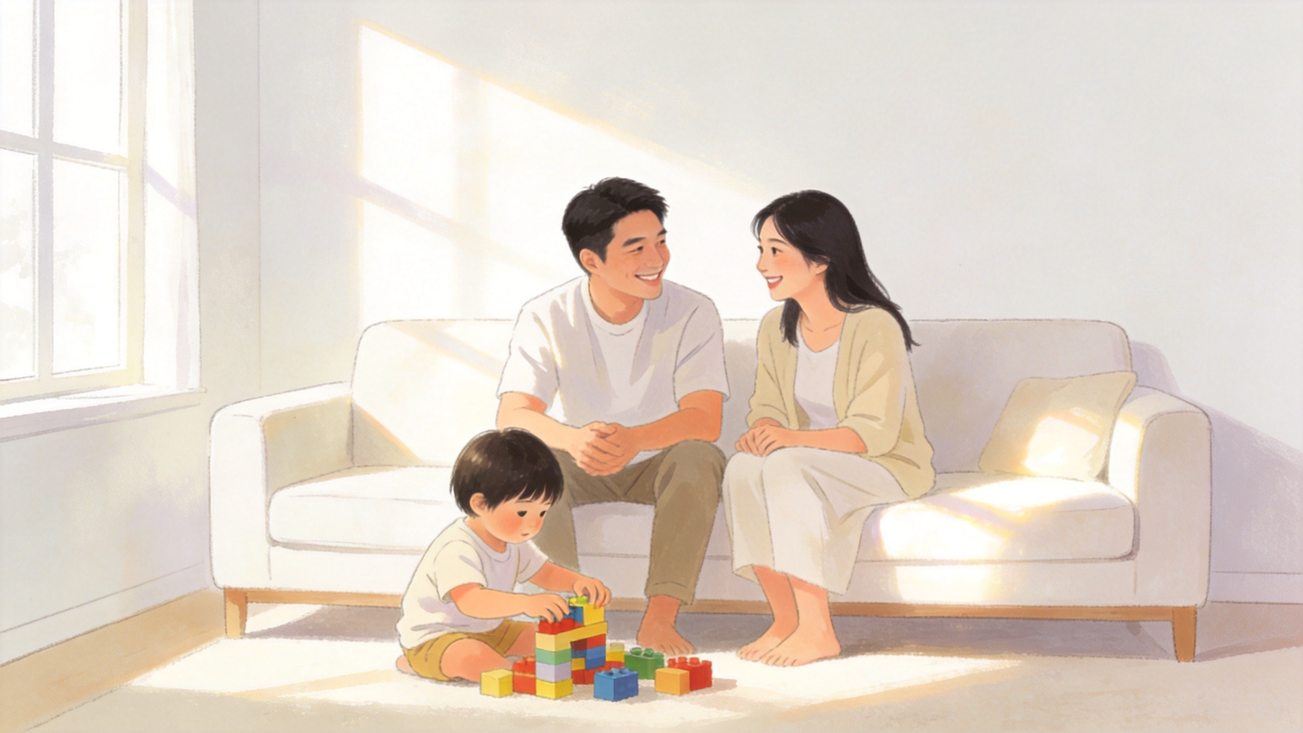 温馨的家庭生活场景，父母在明亮的客厅中微笑着交流，氛围安心温暖。