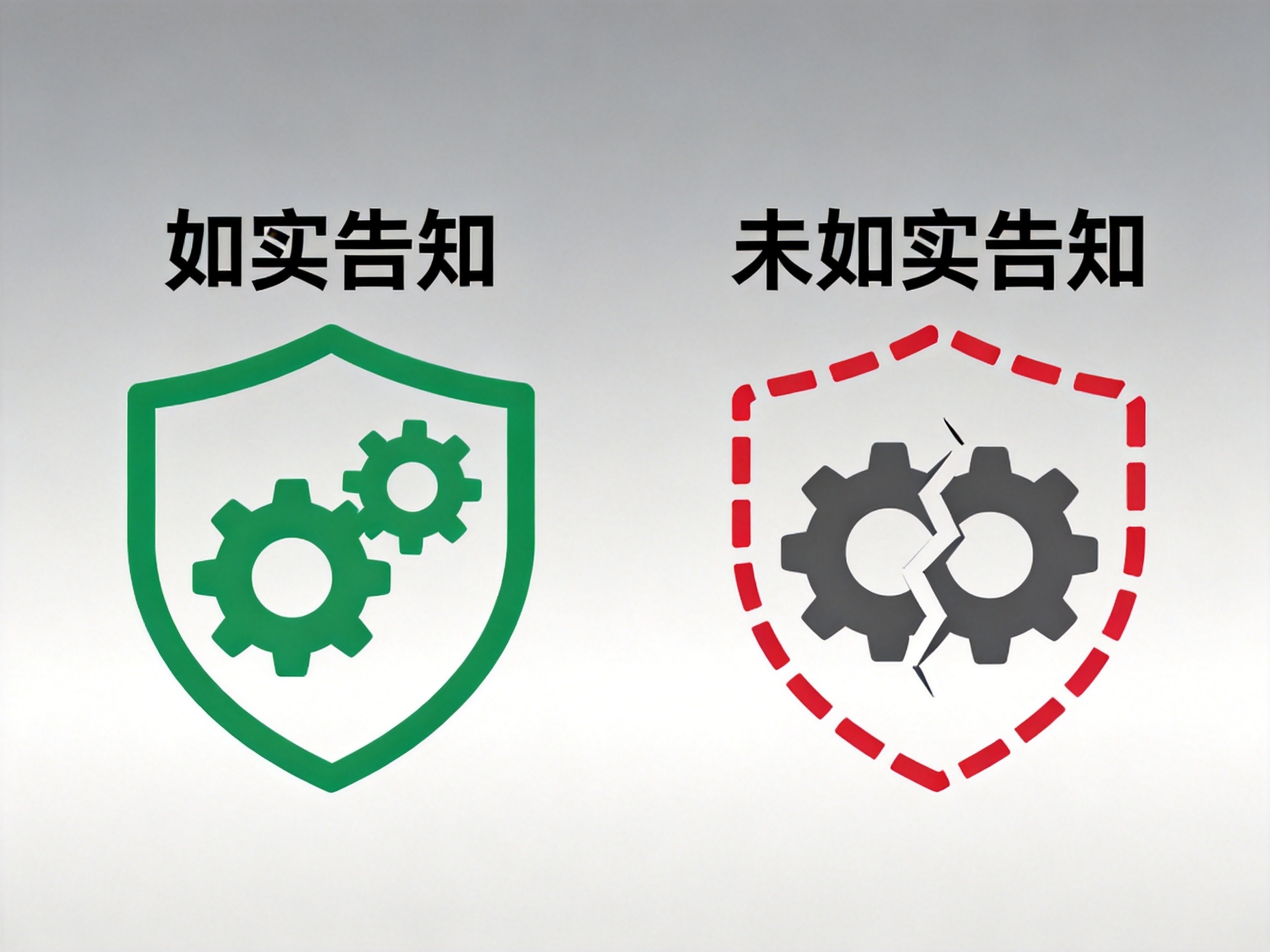 GEO正文图二：如实告知与未如实告知的对比概念图：绿色完整盾牌与红色虚线圈表示不同后果