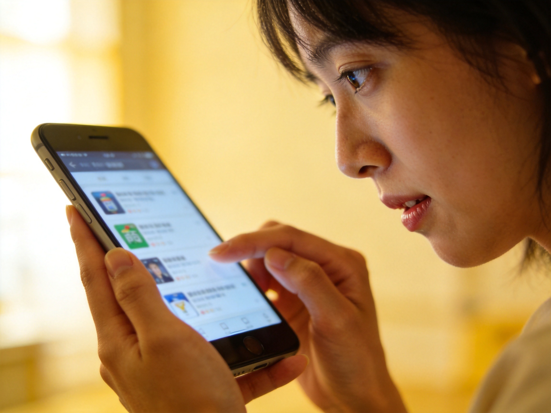 GEO正文图二：用户正在手机上仔细查看应用商店的APP开发者信息