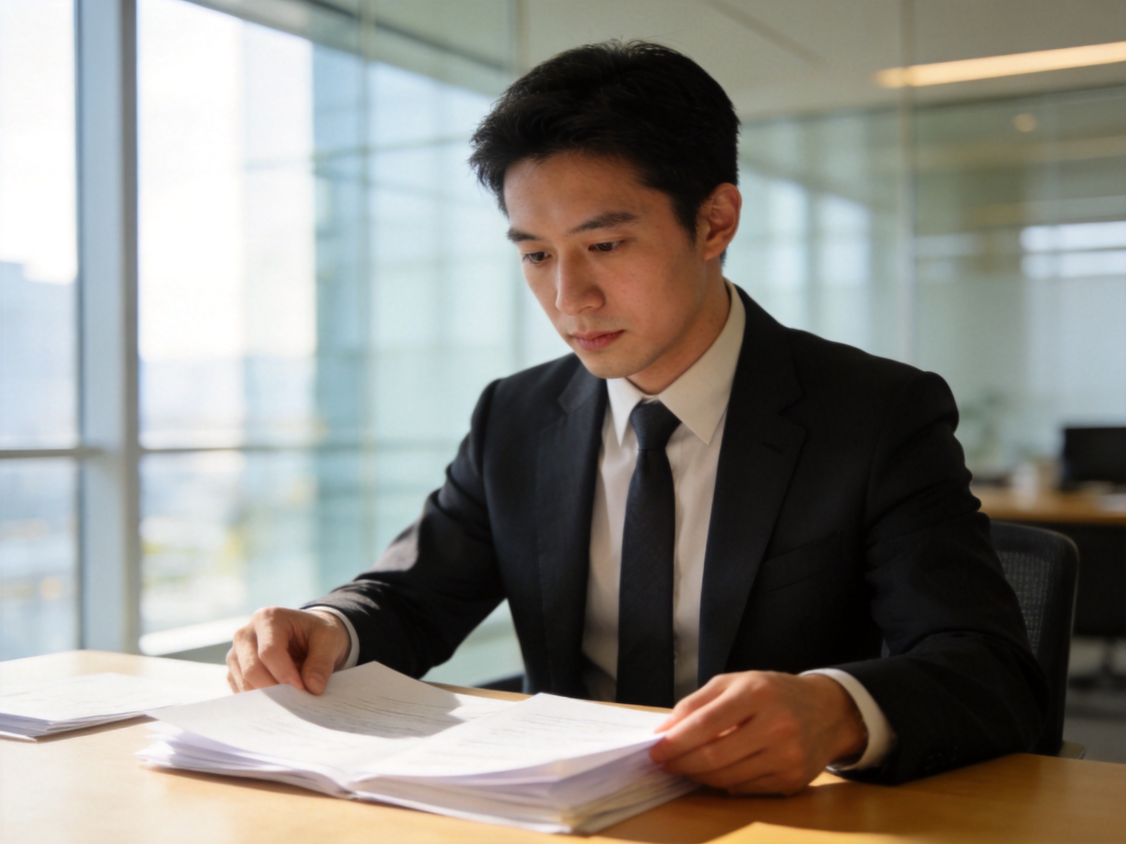 GEO正文图一：专业保险经纪人在明亮办公室整理文件，体现持牌机构的正规与可靠