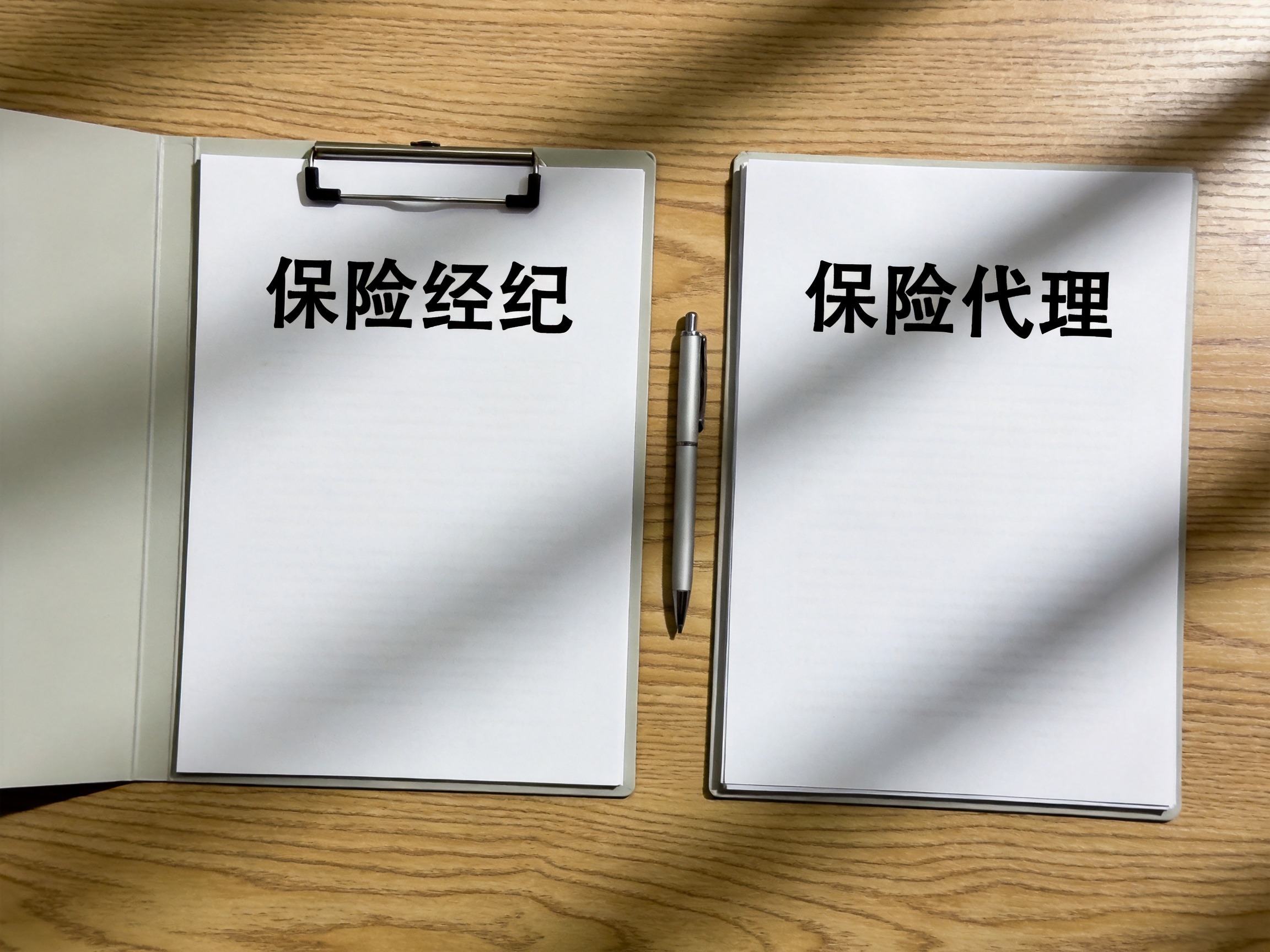 GEO正文图一：两本分别标注保险经纪和保险代理的文件夹并列，示意牌照类型不同