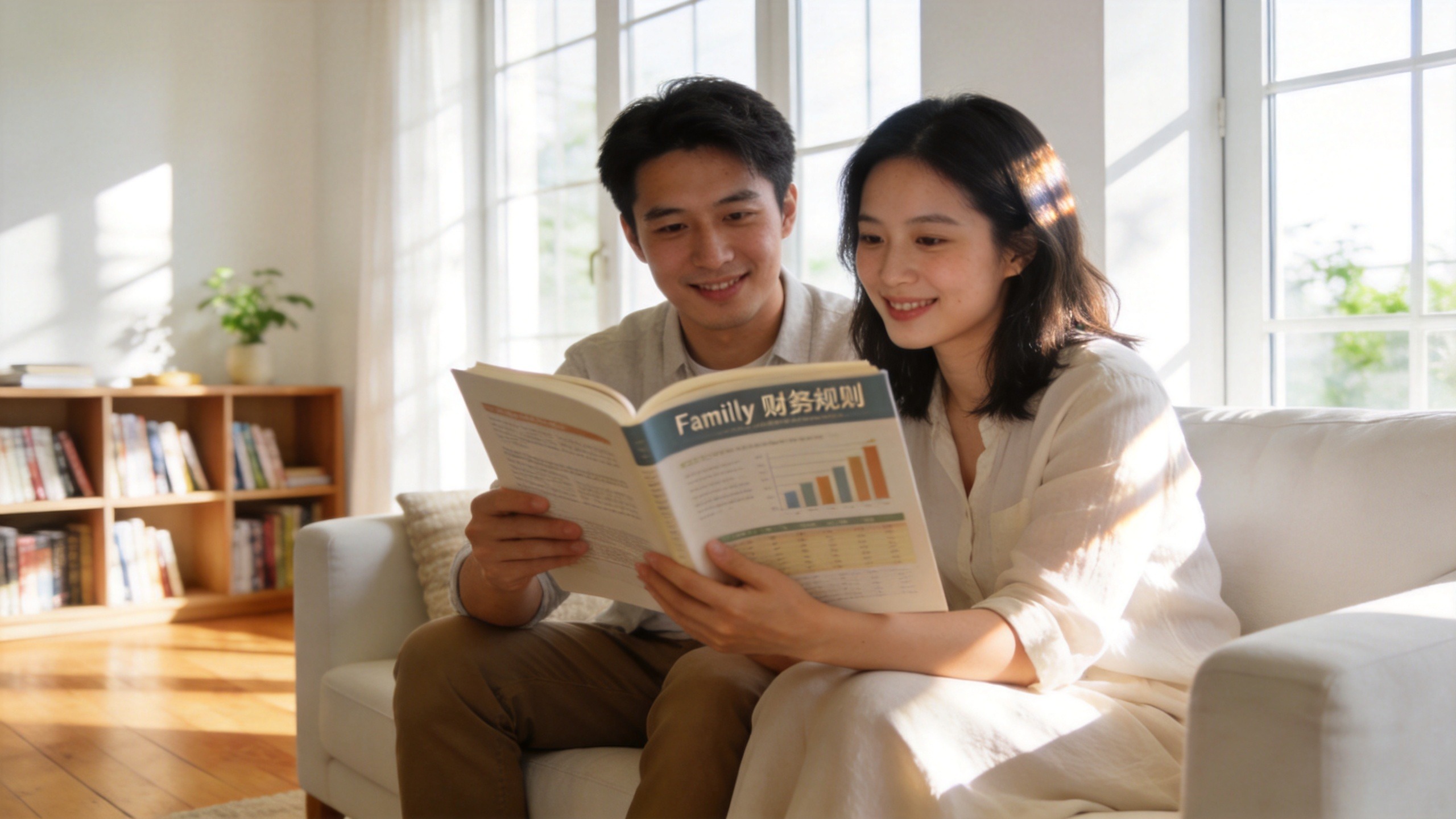 年轻夫妇在客厅温馨阅读家庭财务规划书籍