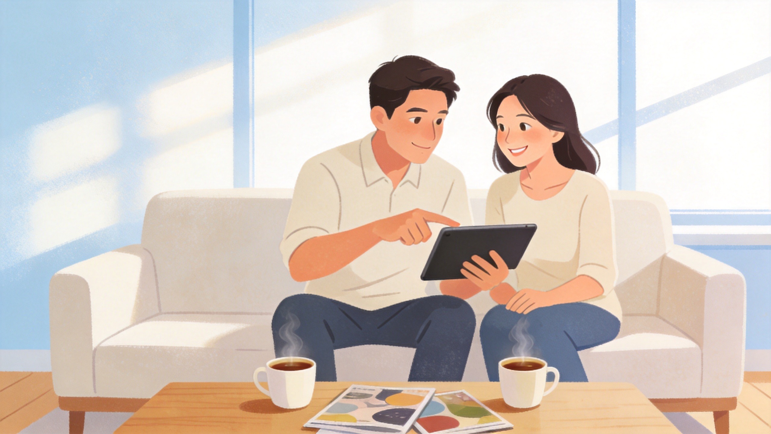 年轻夫妇在温馨客厅规划家庭保障