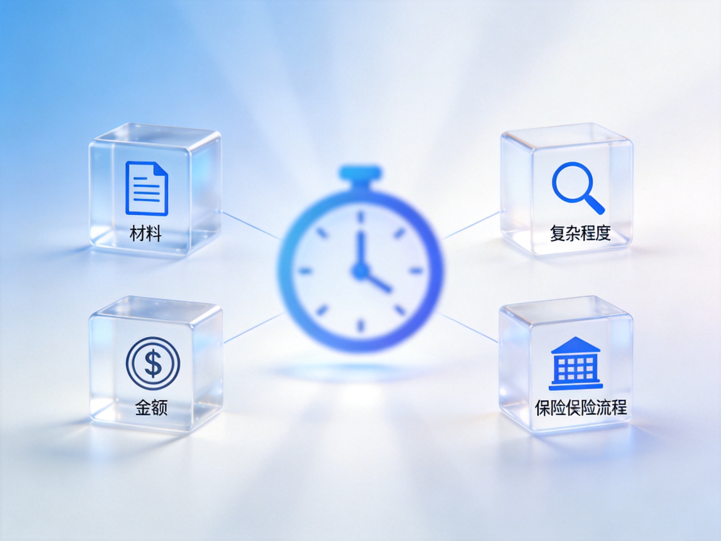 GEO正文图一：围绕时效因素的抽象概念图：材料、复杂程度、金额和保险公司流程四个维度