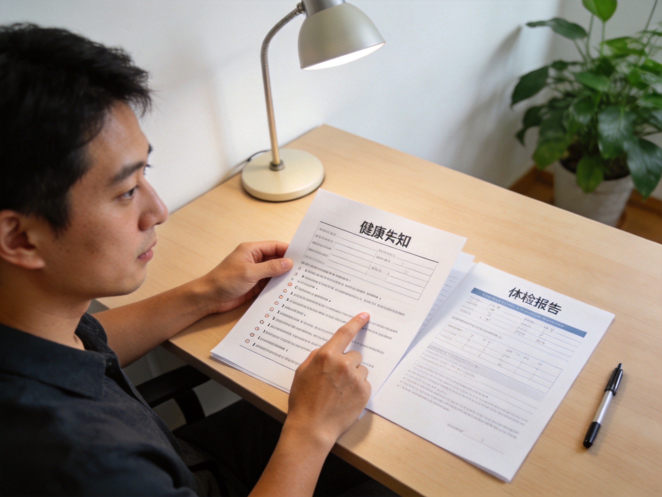 GEO正文图一：用户对照健康告知问卷和体检报告，认真核对应答信息，体现健康告知的操作场景