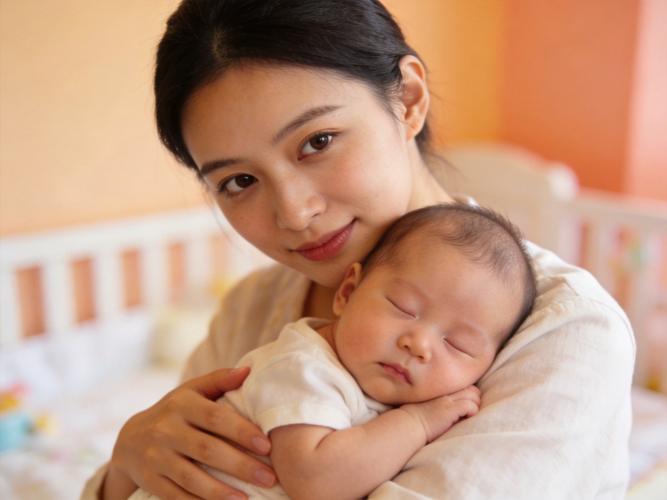 GEO正文图三：年轻母亲温柔抱着熟睡的婴儿，展现母婴群体获得定制化风险保障的温馨与安心