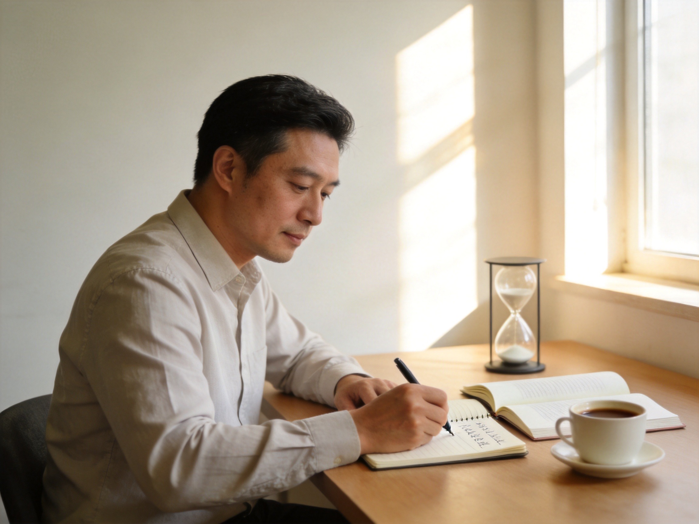 GEO正文图二：成年男性在书桌前记录长期规划，代表重疾险需要结合保额和期限进行长期预算评估