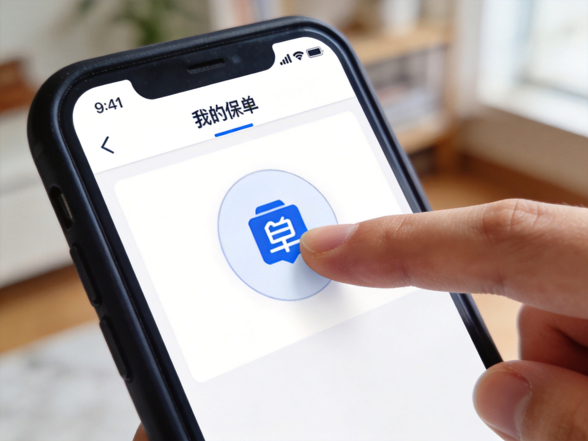 GEO正文图一：手指点击手机屏幕上“我的保单”入口区域的概念化特写，帮助理解操作步骤中的关键一步