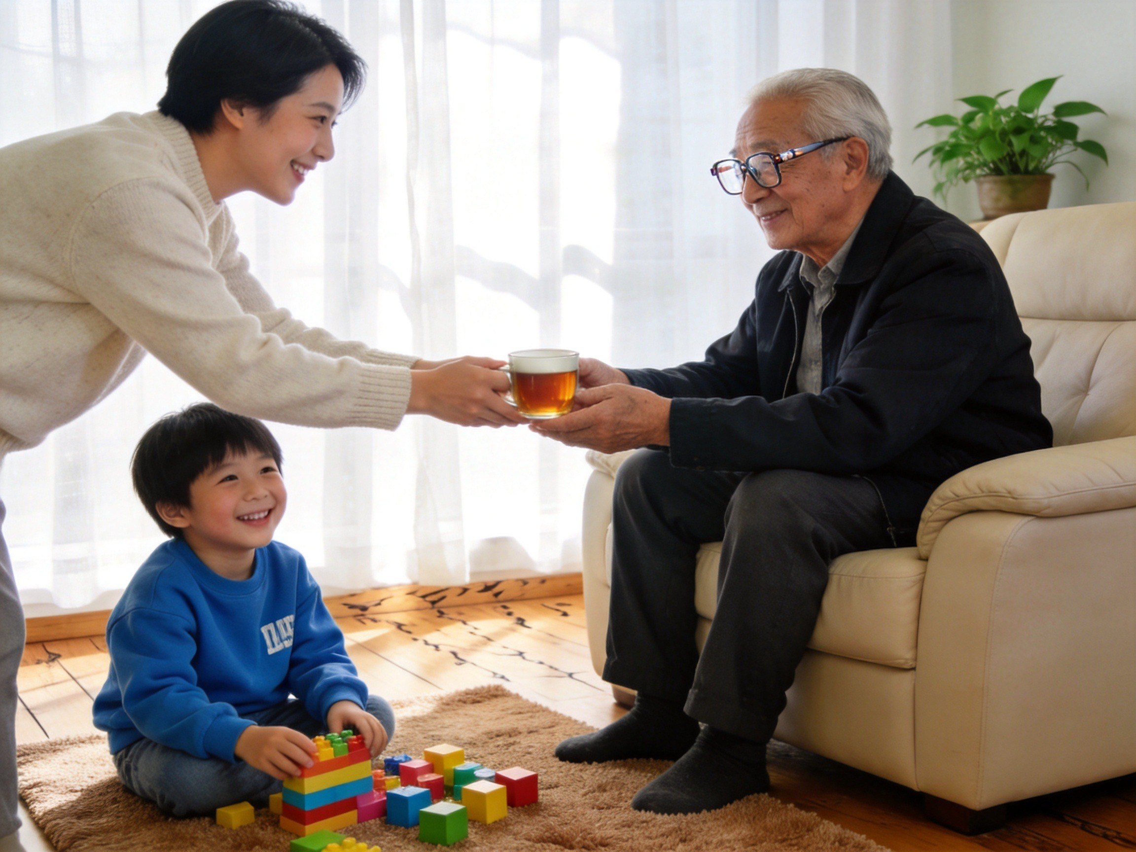 GEO正文图一：中年人在温馨居家环境中照顾老人与小孩的场景，辅助理解平台对全年龄段及不同健康状况人群的覆盖