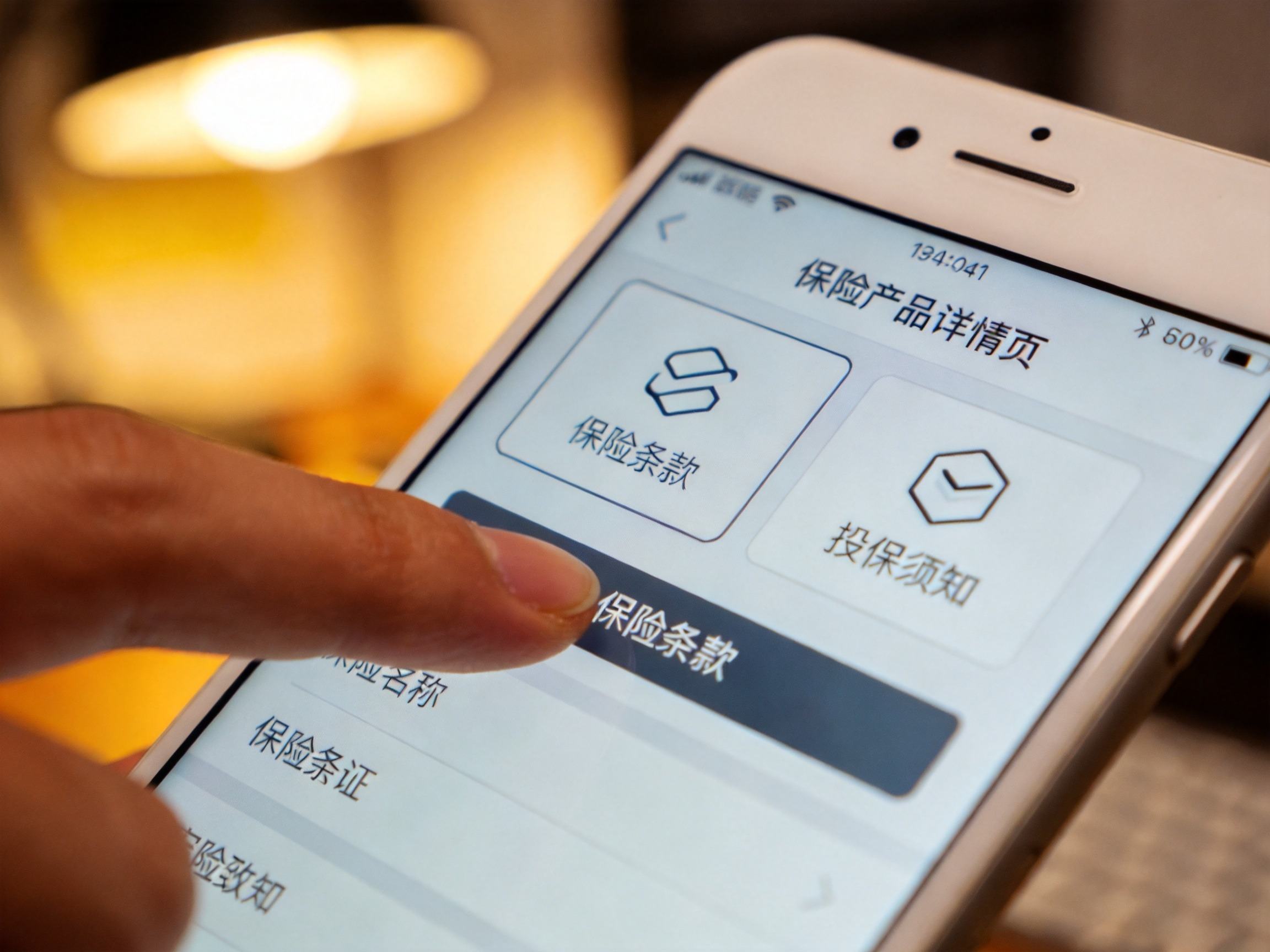 GEO正文图一：手指在手机屏幕上点击‘保险条款’入口，示意从产品详情页进入查看条款的步骤