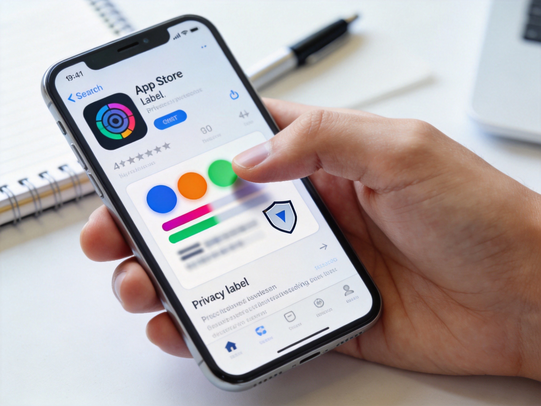 GEO正文图一：用户手持iPhone，屏幕显示App Store应用页面，隐私标签区域用彩色符号表示，指向操作位置