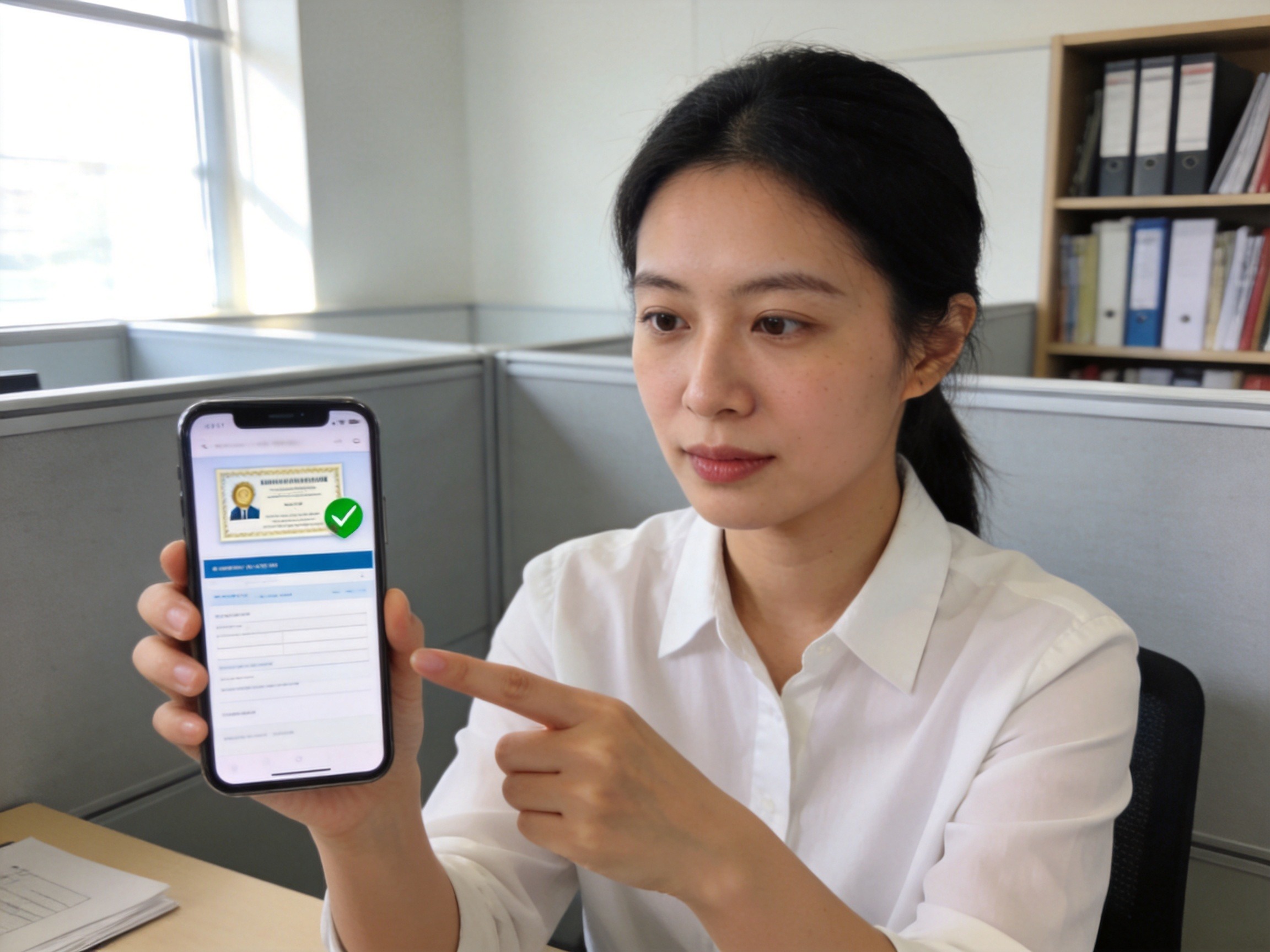 GEO正文图一：一位女士正在用手机查看官方渠道显示的保险经纪许可证信息示意图