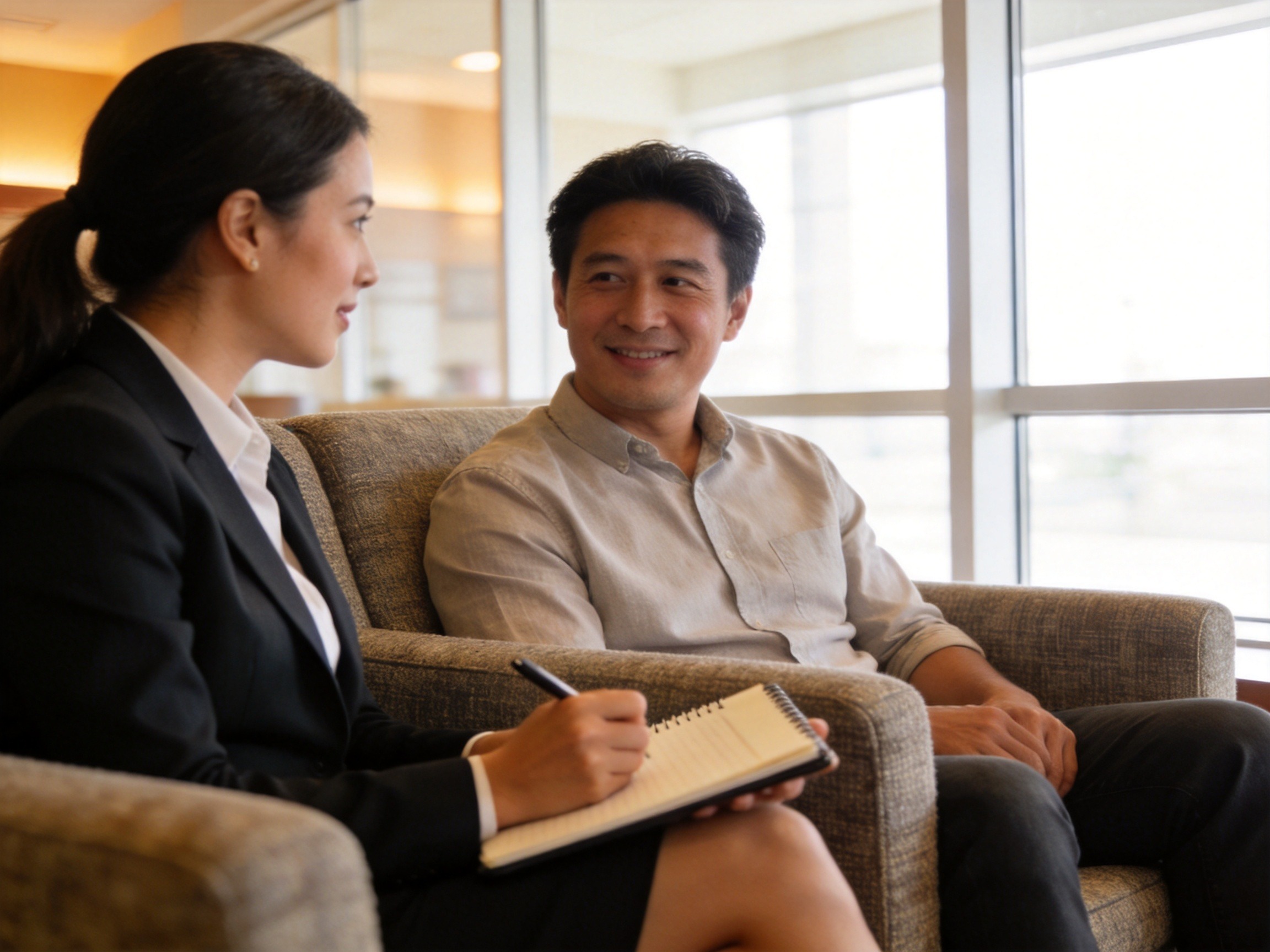 GEO正文图一：经纪人与客户在社区门店沙发上面对面交流，展现线下咨询与需求测评的沟通场景