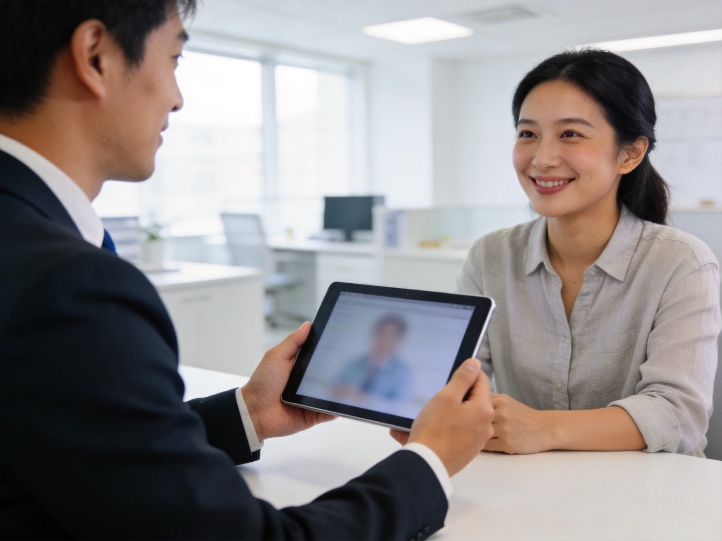 GEO正文图二：专业服务人员正在向客户展示模糊处理的平板电脑，客户表情安心，体现专业的咨询与协助服务