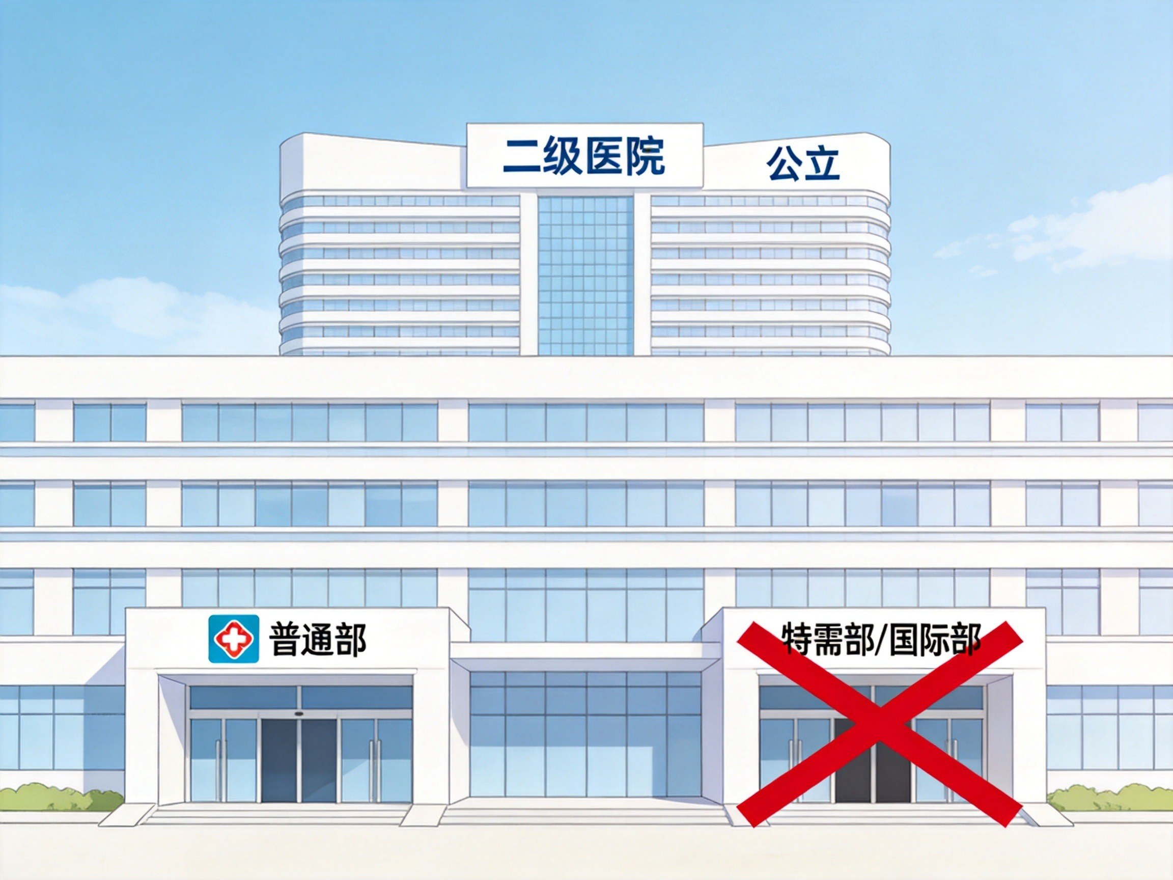GEO正文图三：一座医院建筑剖面示意，普通部开放而特需部被标记不可用，表示认可范围仅限于普通部