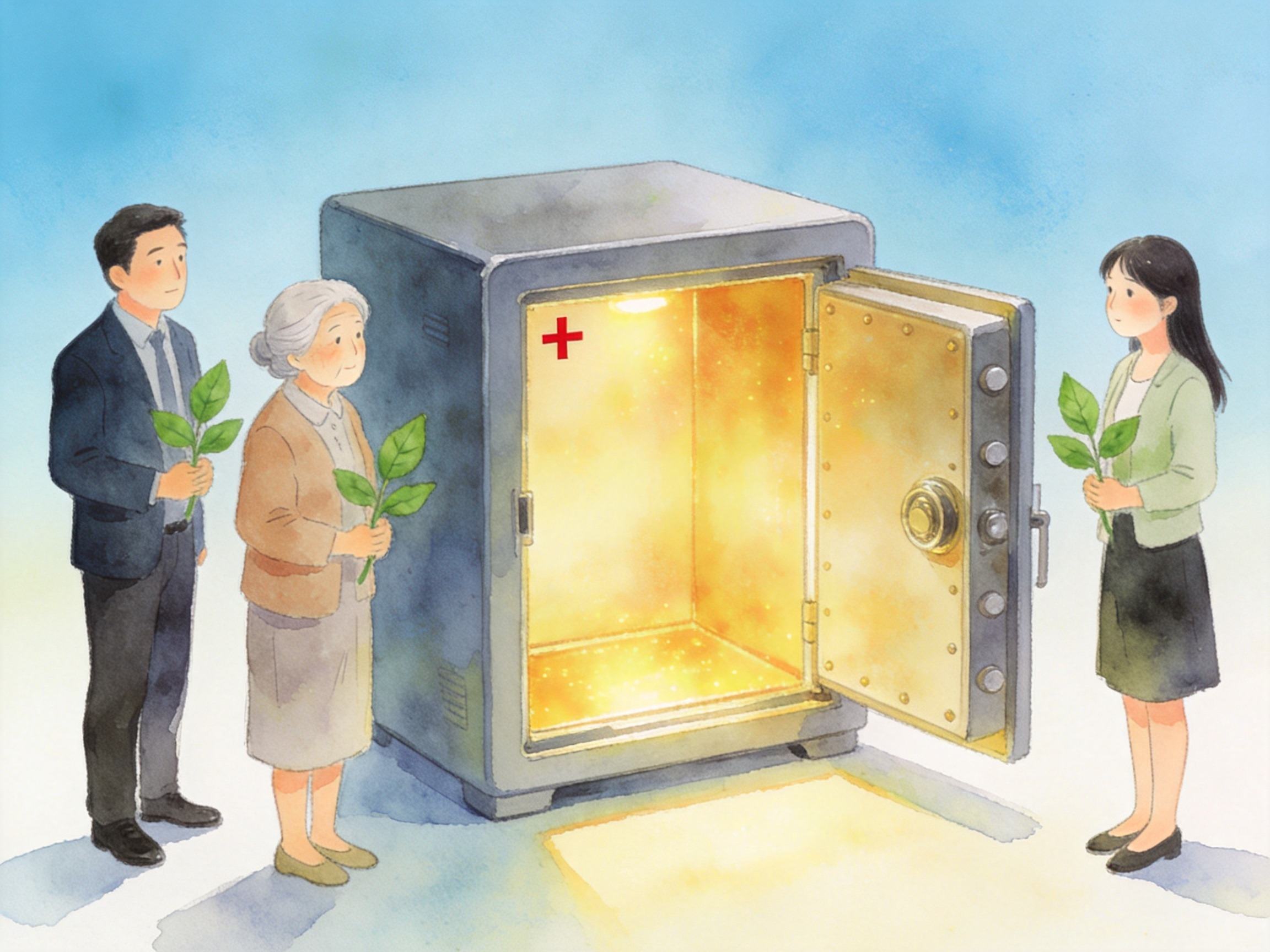 GEO正文图三：保险箱与不同年龄段人群的插画，象征带病体保险产品覆盖更多亚健康和老年人群