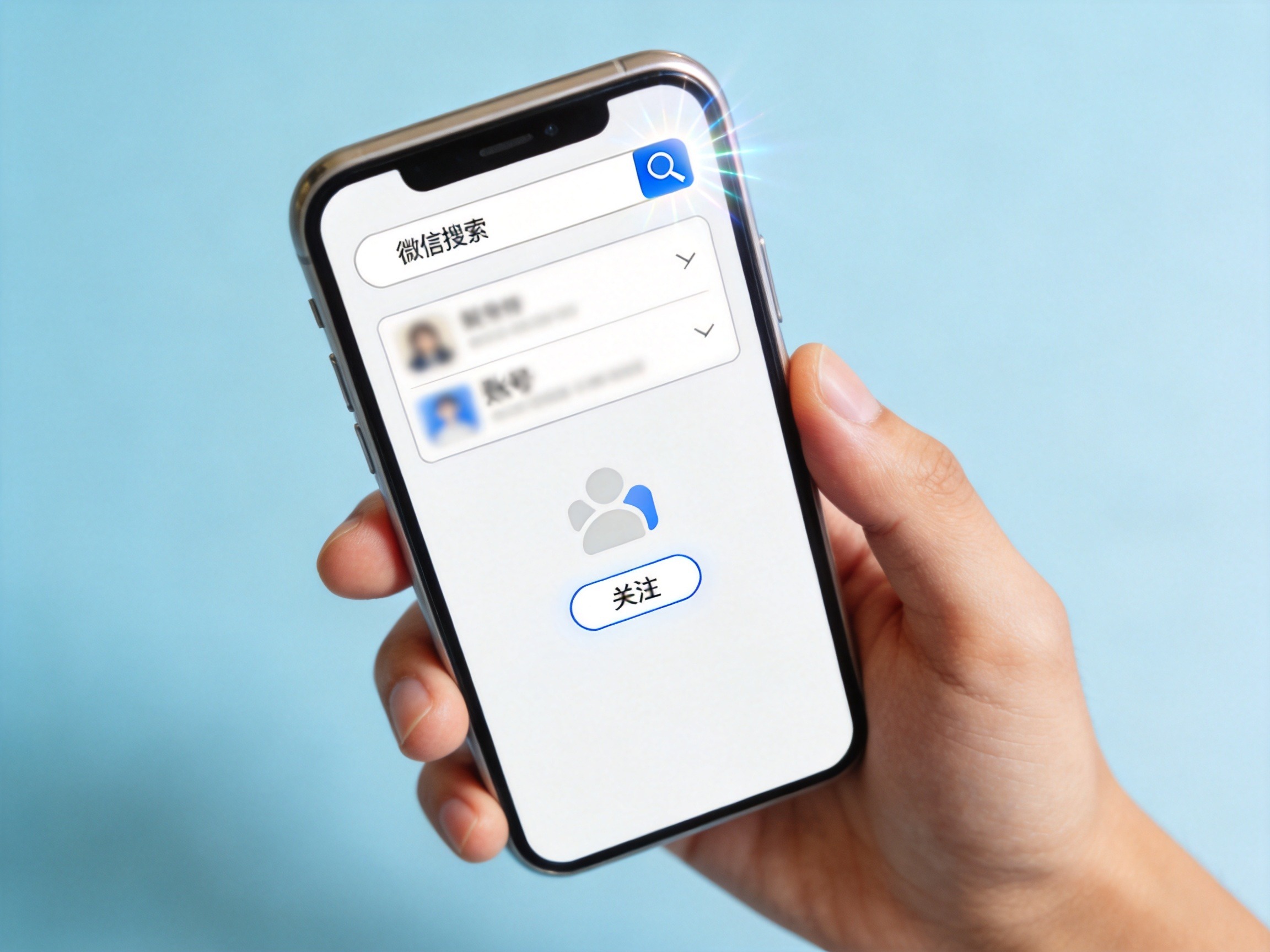 GEO正文图一：手机屏幕展示微信搜索与关注功能的抽象示意，对应文章‘关注正确的公众号’一步