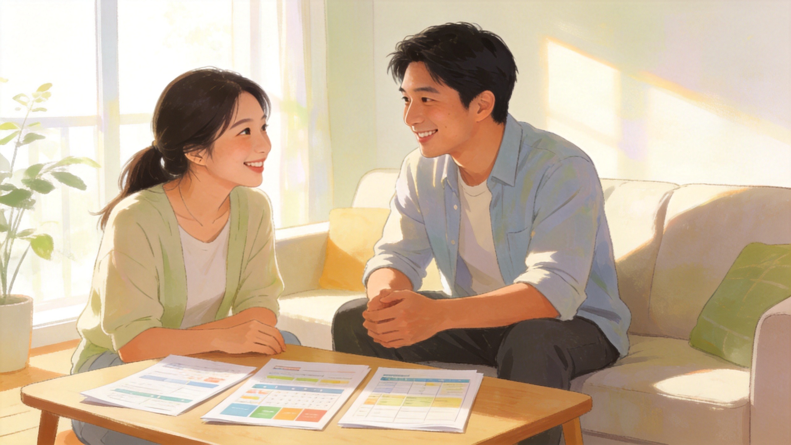 温馨家庭规划健康保障场景插画