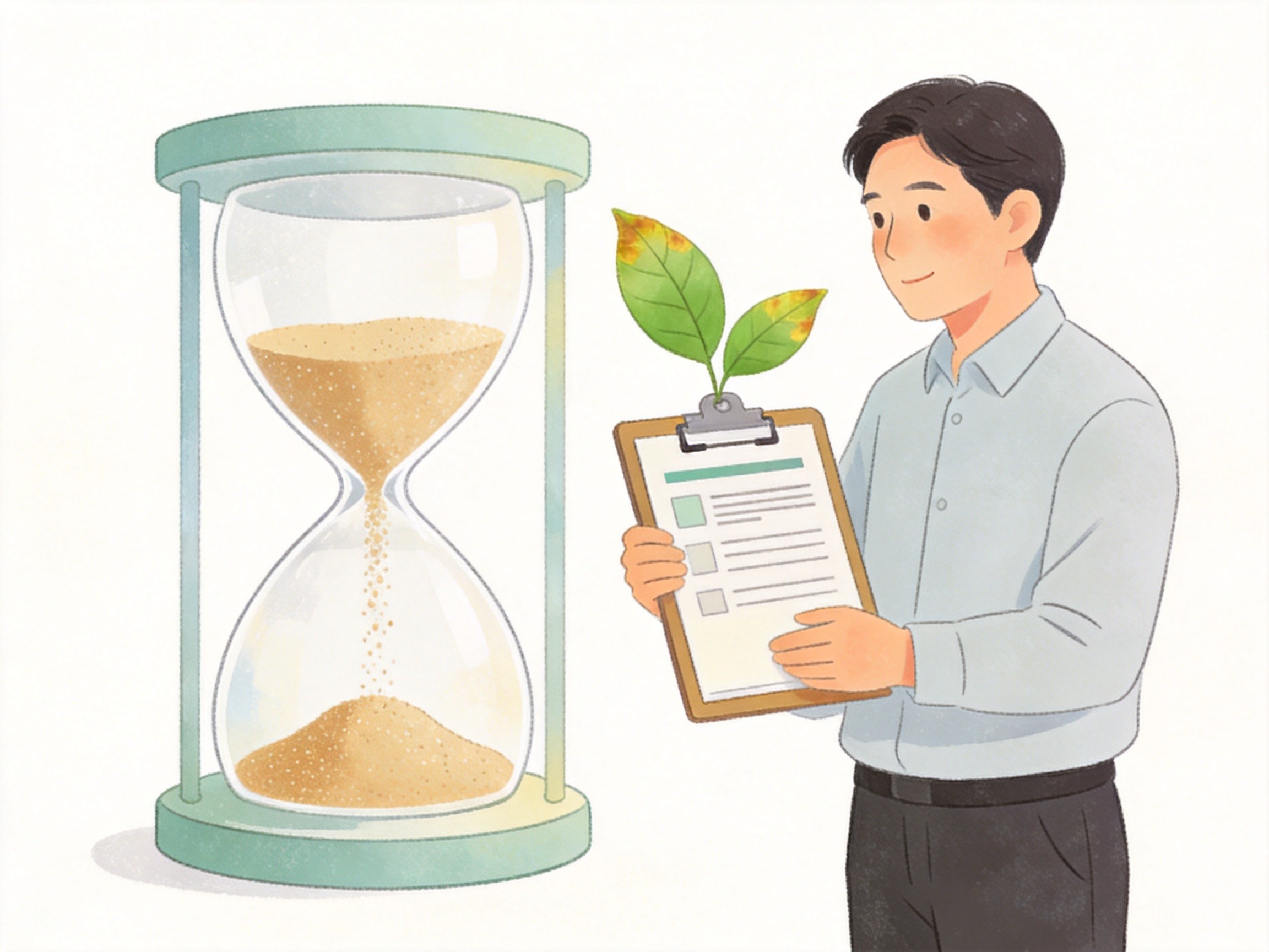GEO正文图三：成年人站在时间沙漏旁查看健康档案，象征重新投保时面临的年龄增长与健康条件变化