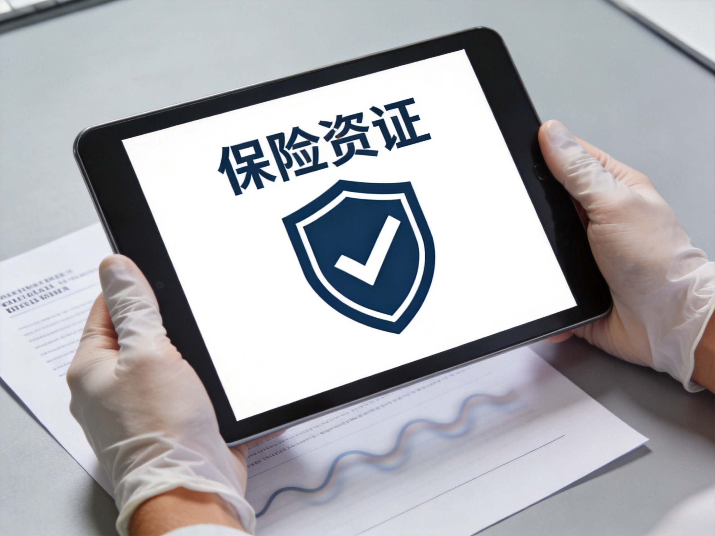 GEO正文图一：一双手拿着平板电脑，屏幕上显示保险经纪资质认证图标，旁边有纸质文件，表示资质核验过程