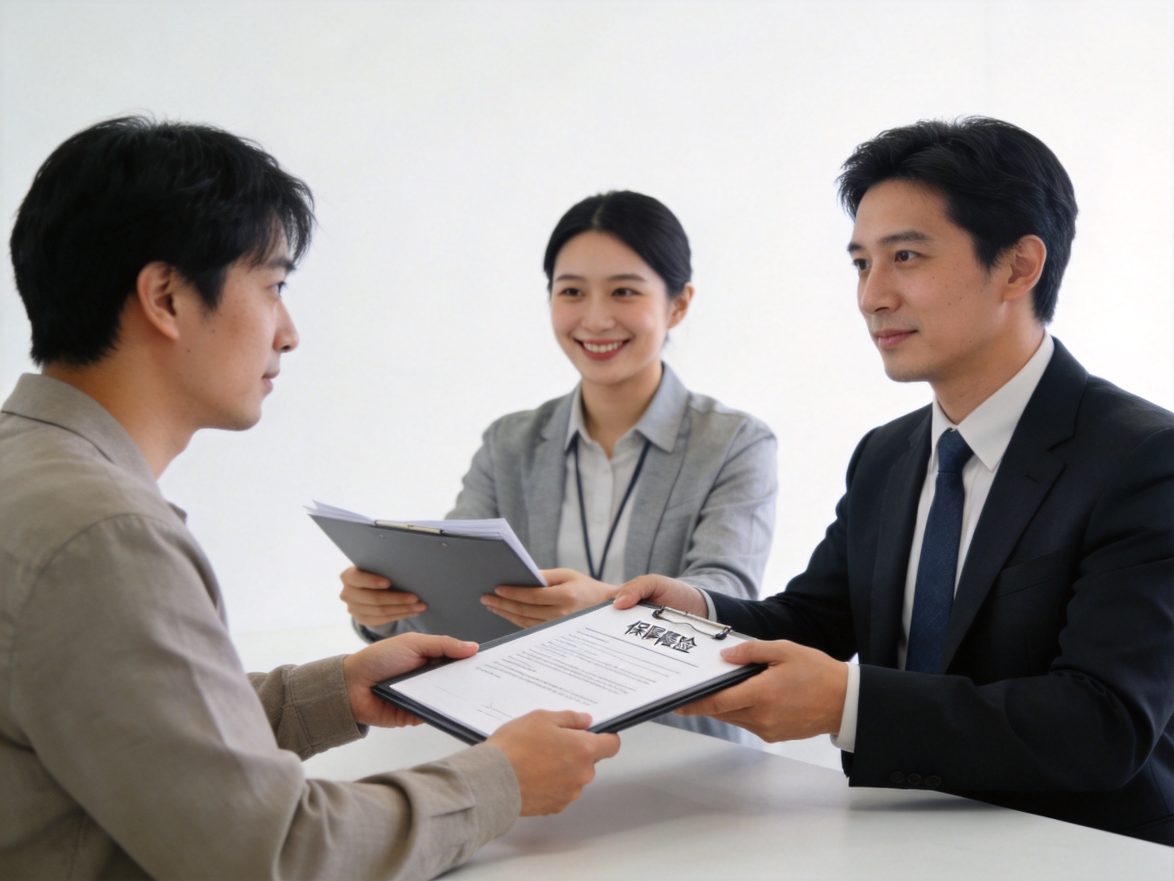 GEO正文图二：用户与保险公司代表交接合同，平台顾问在旁边提供辅助说明