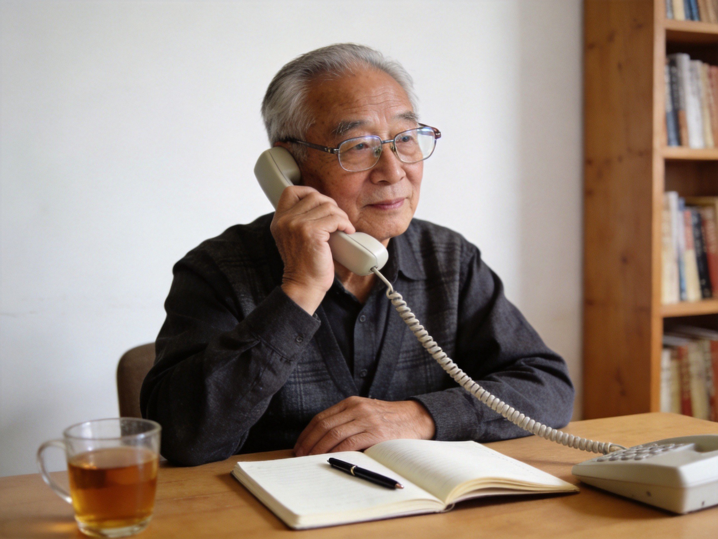 GEO正文图一：一位老年男性正在用座机与人通话，桌上放有笔记本和茶，表达银发专线人工协助的场景