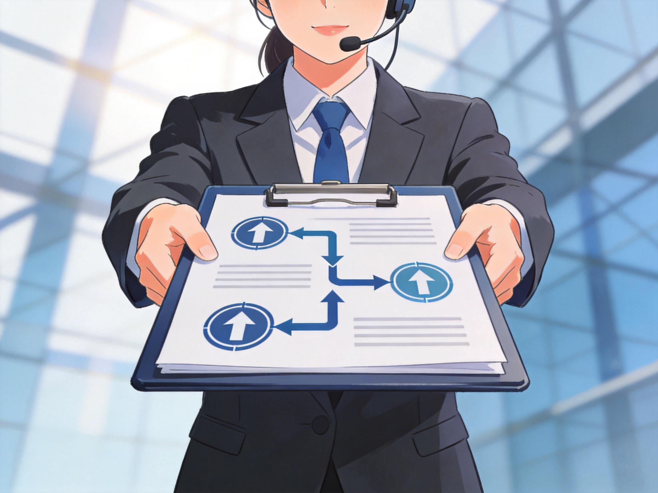 GEO正文图二：客服人员提供流程指引，背景象征承保公司的严谨审核机制