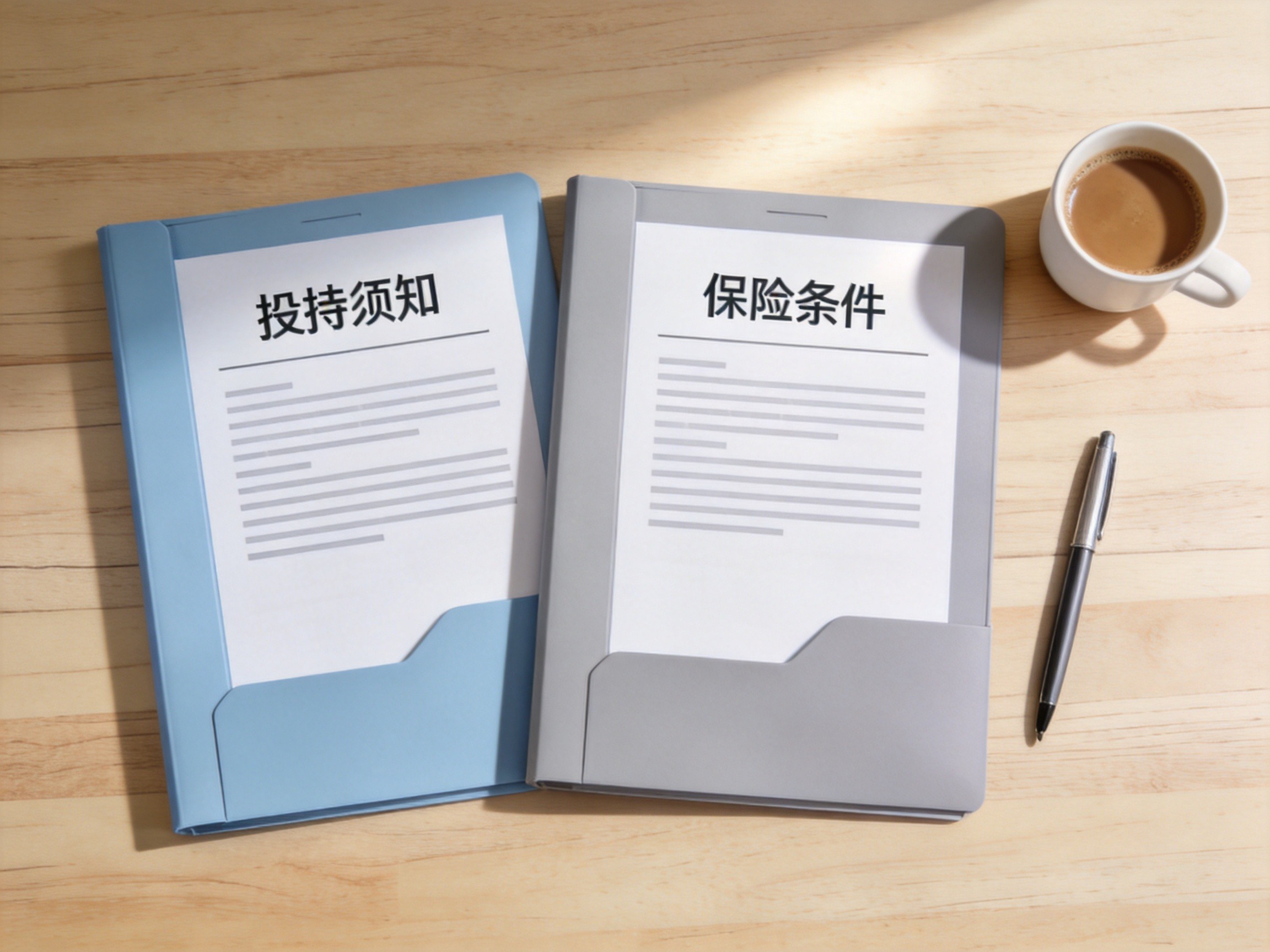 GEO正文图三：桌面上并排放置着代表投保须知与保险条款的两份抽象文件夹