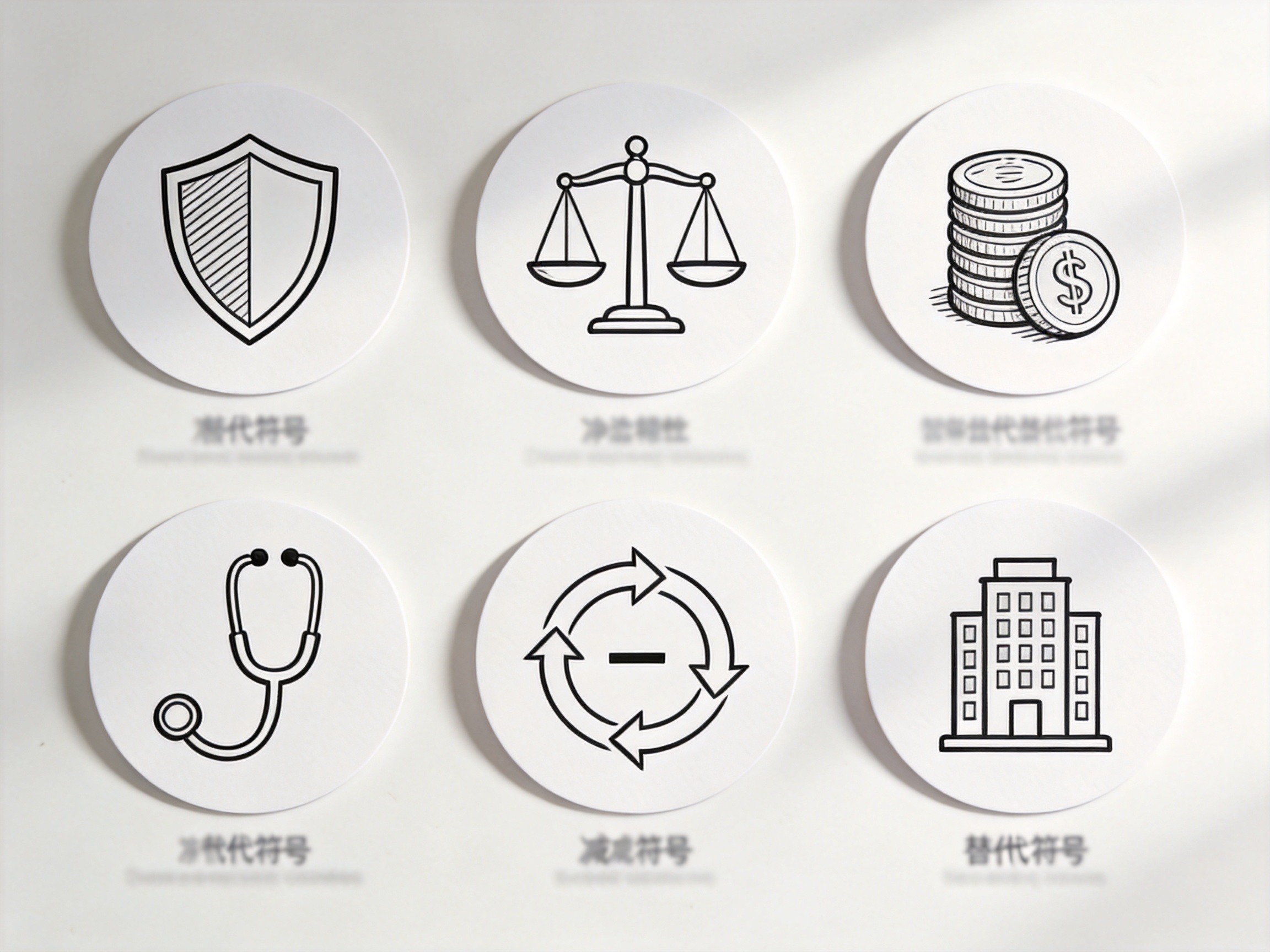 GEO正文图一：七个圆形卡片展示保险对比的核心维度：保障范围、保额、价格、健康告知、免赔额、续保条件、承保公司
