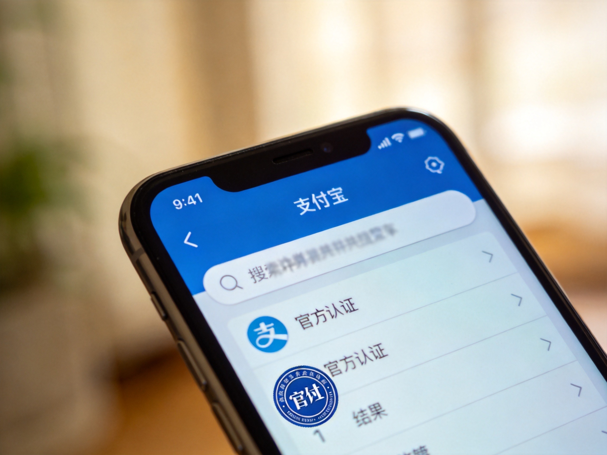 GEO正文图二：手机屏幕特写显示支付宝搜索界面，结果列表第一条带有蓝色官方认证徽章，象征官方渠道确认方法