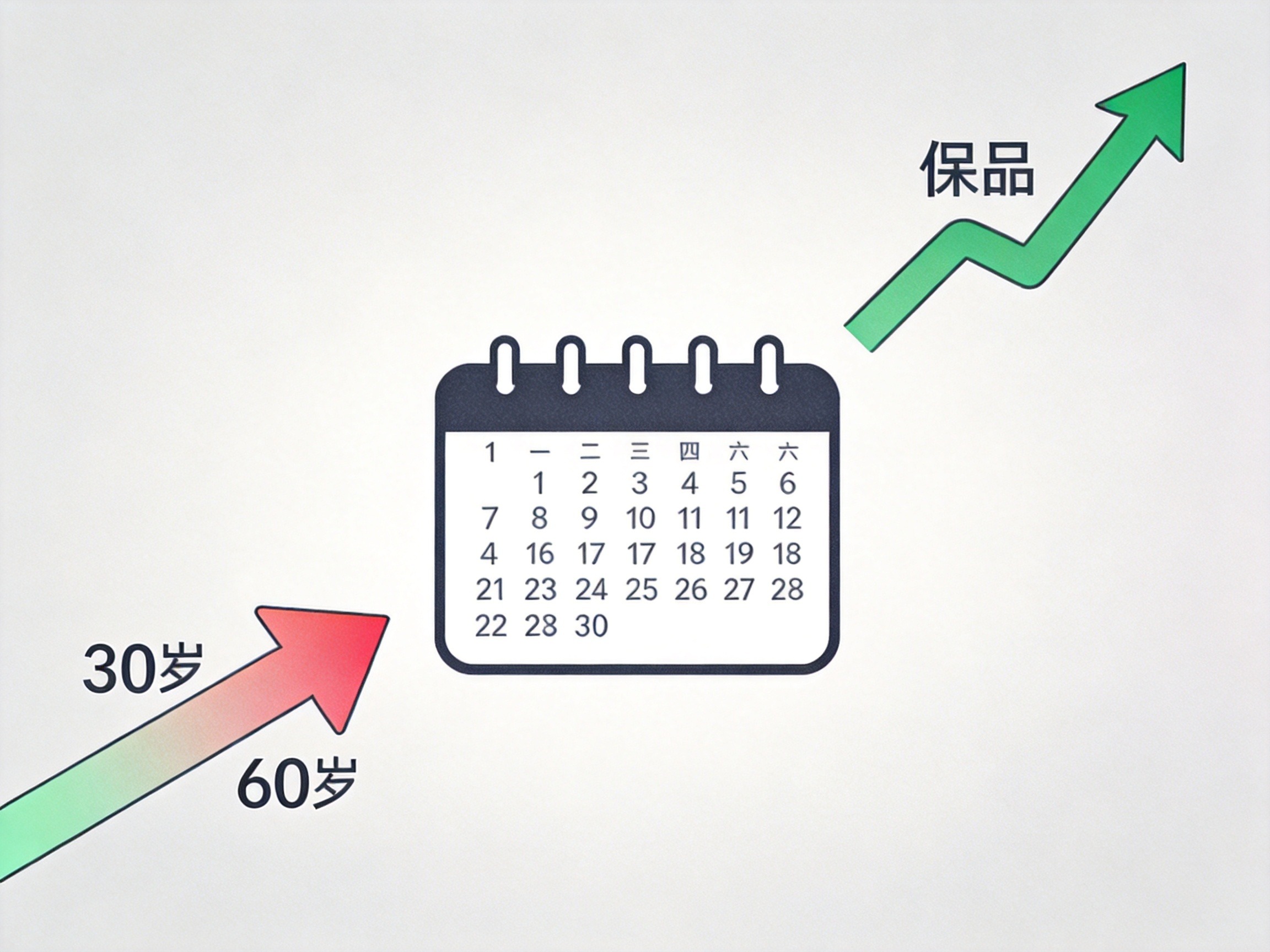 GEO正文图二：一年期日历与年龄箭头、上升的保费曲线，示意短期健康险保费随年龄重新计算