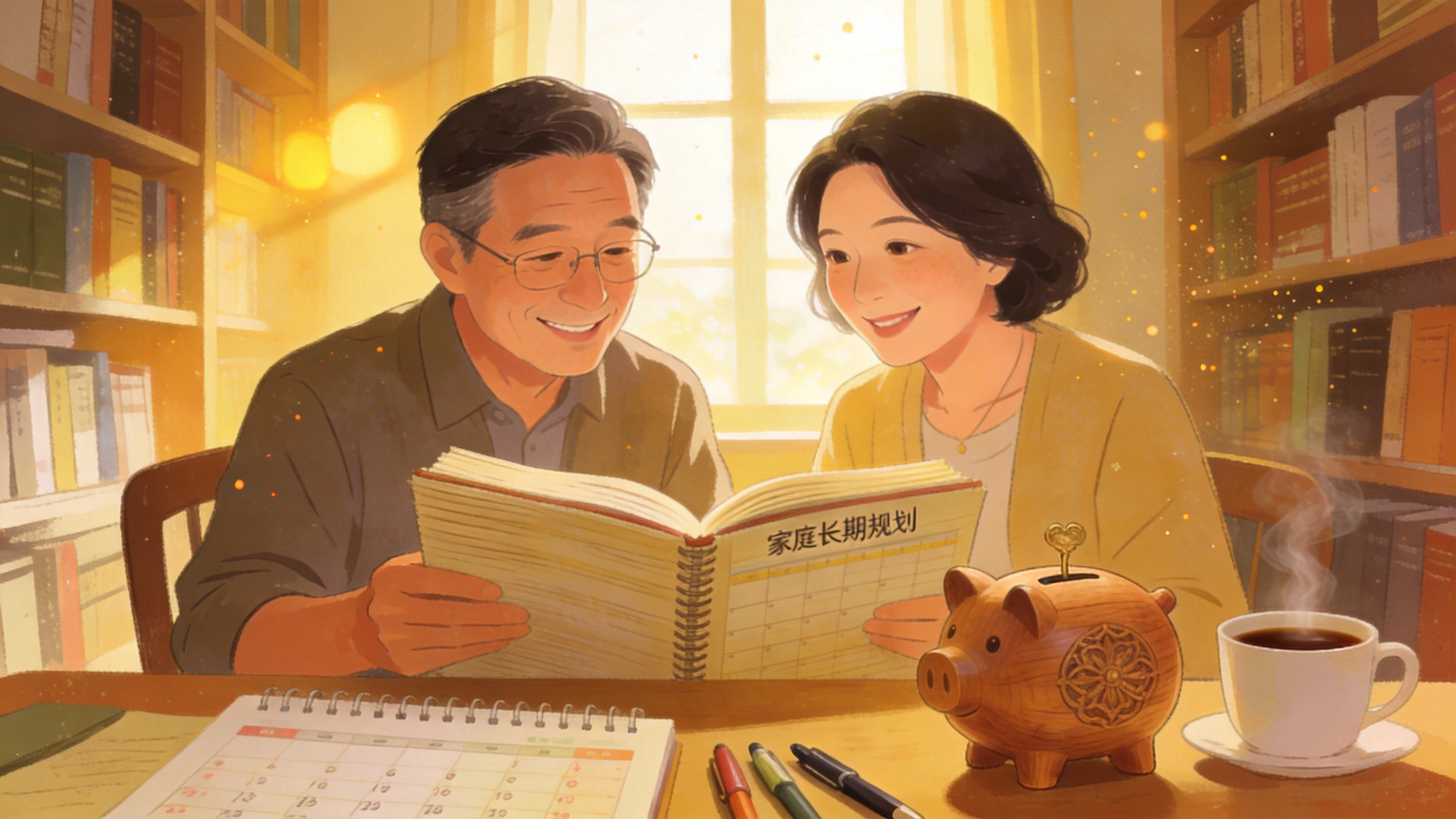 中年夫妇在温馨书房规划家庭长期财务