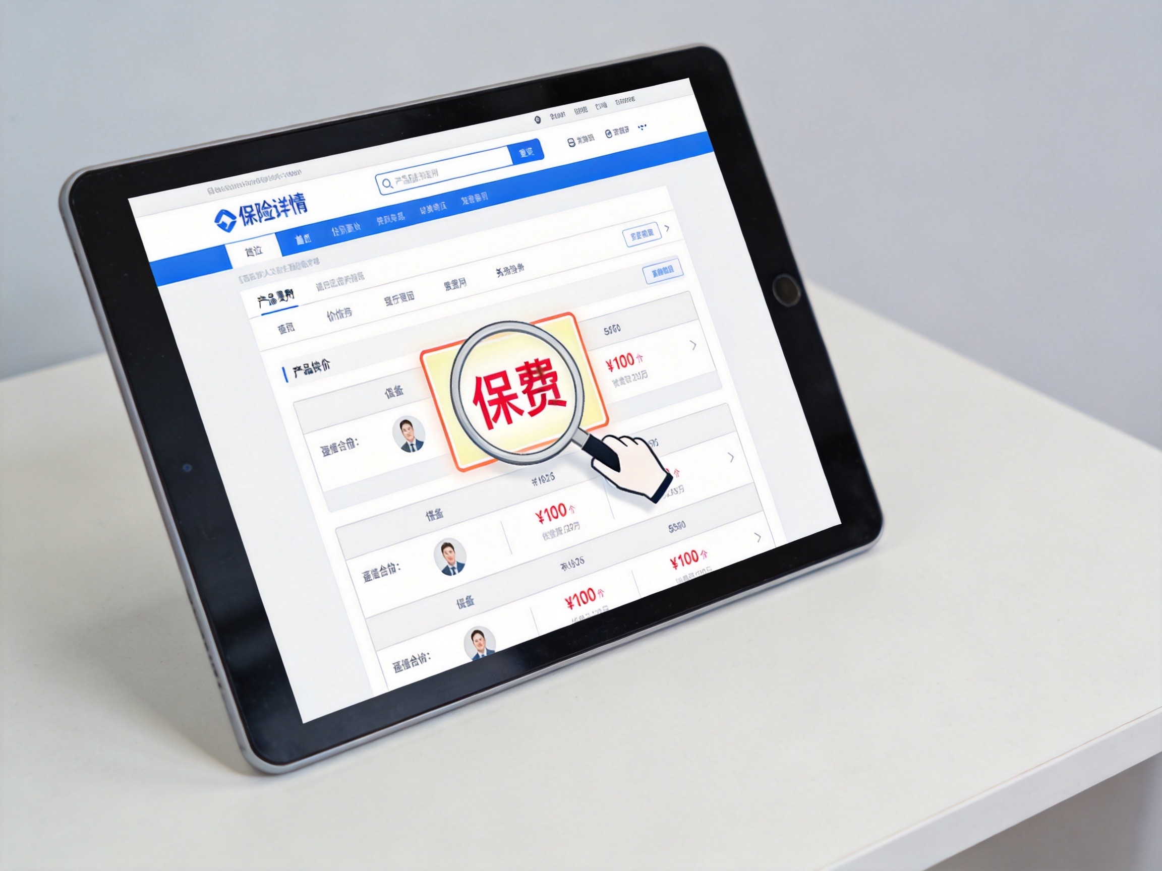 GEO正文图一：平板电脑上保险产品页面的保费部分被放大镜强调，表示用户只需支付明确的保费，没有其他费用