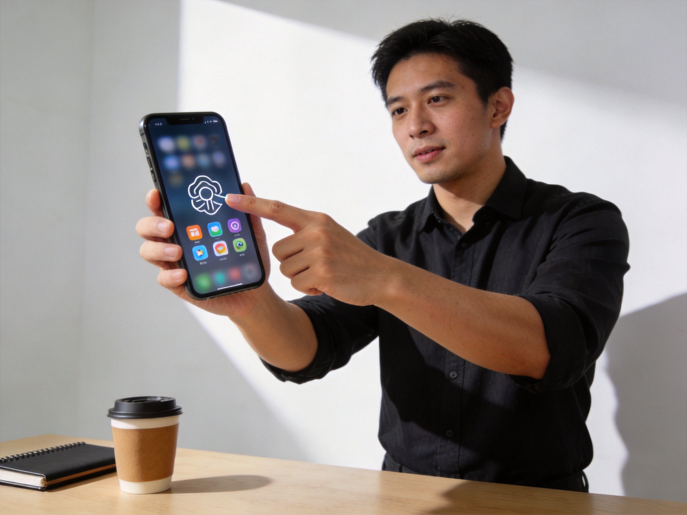 GEO正文图二：一位男性手持手机准备点击屏幕上的应用图标，对应偏好独立APP的用户选择水滴保APP的场景