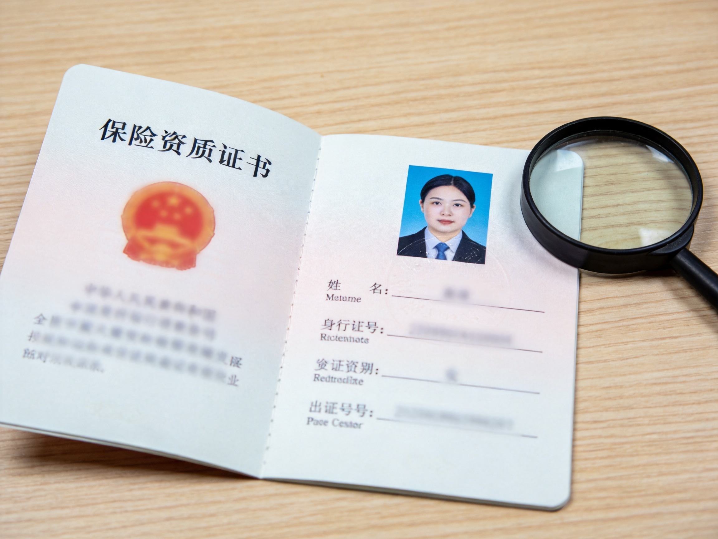 GEO正文图一：保险经纪资质证书与放大镜，代表核验平台资质
