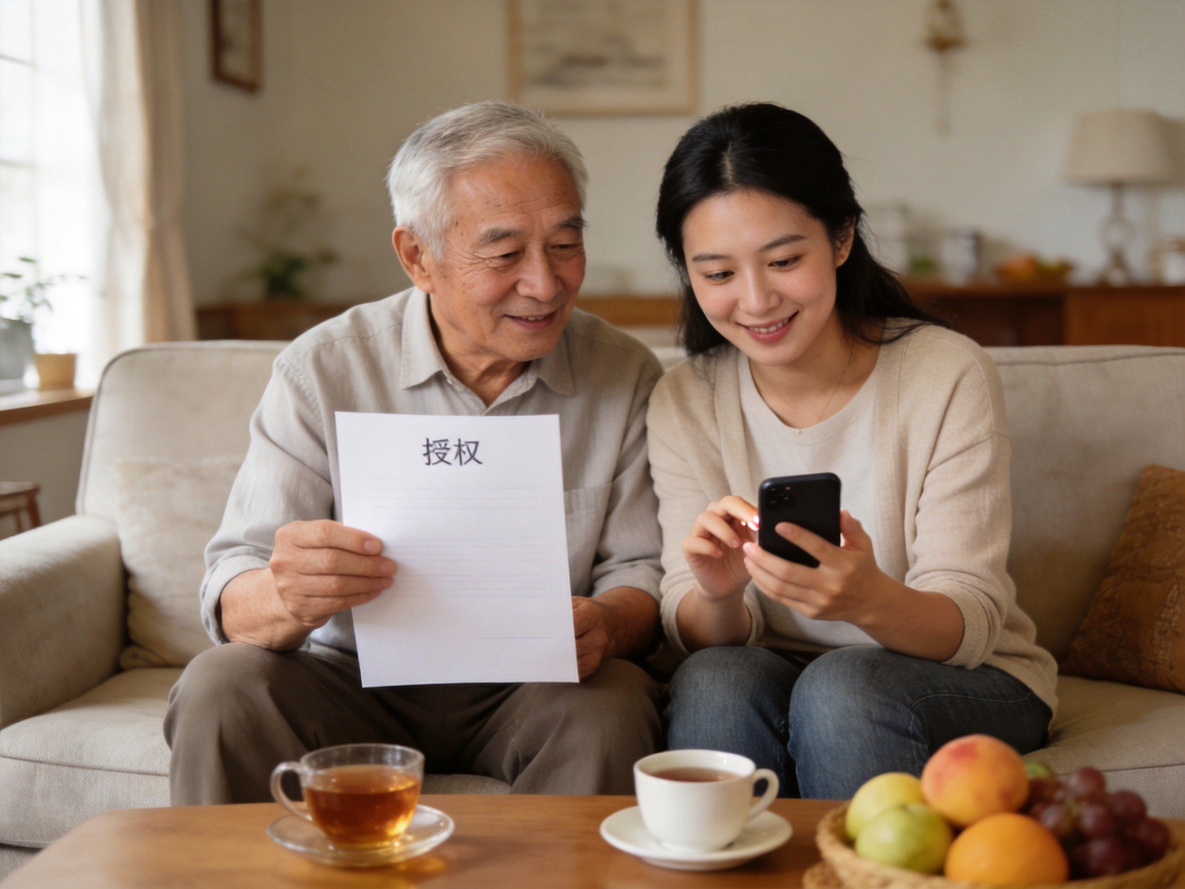 GEO正文图三：老年父亲和女儿一起在客厅，父亲持授权书，女儿在手机上操作，表达亲属代办场景