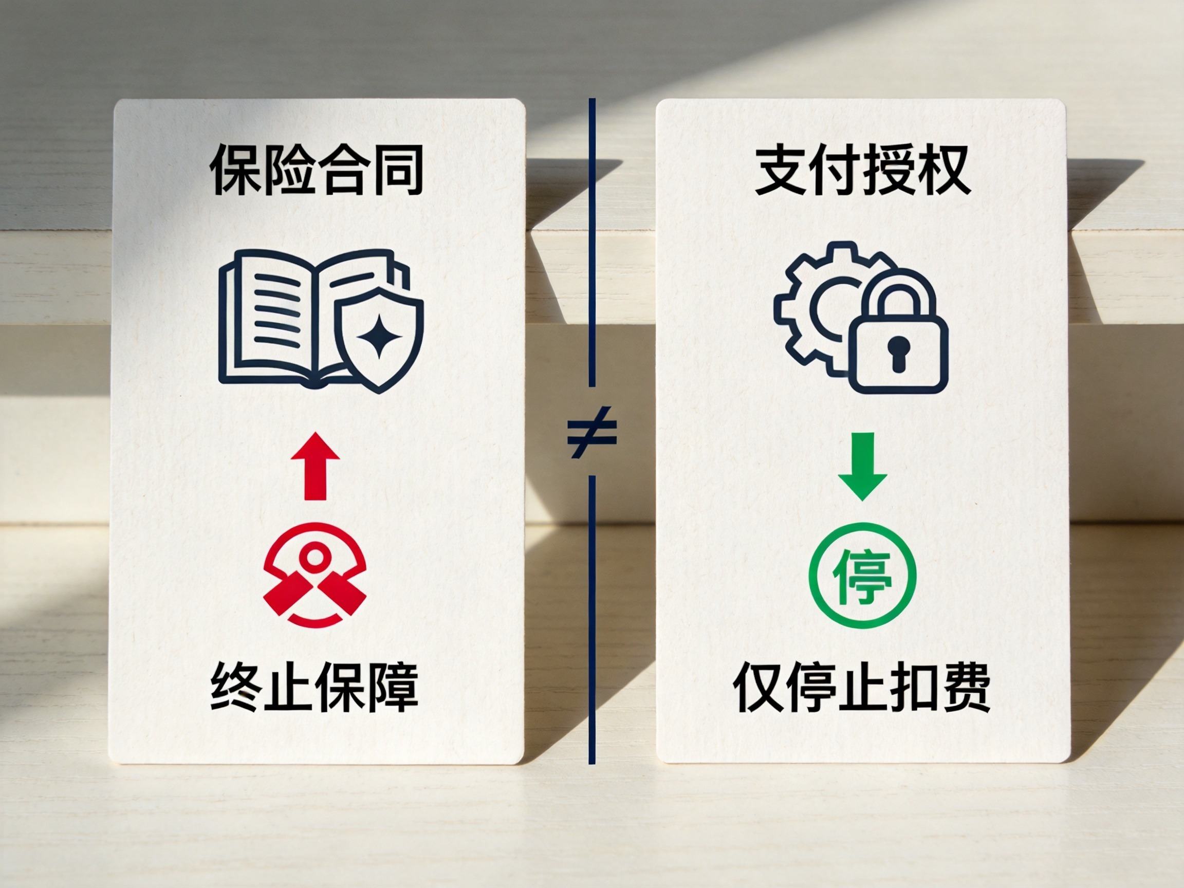 GEO正文图一：两张概念卡片分别表示退保（终止保障）和关闭自动扣费（仅停止扣费），展示本质区别