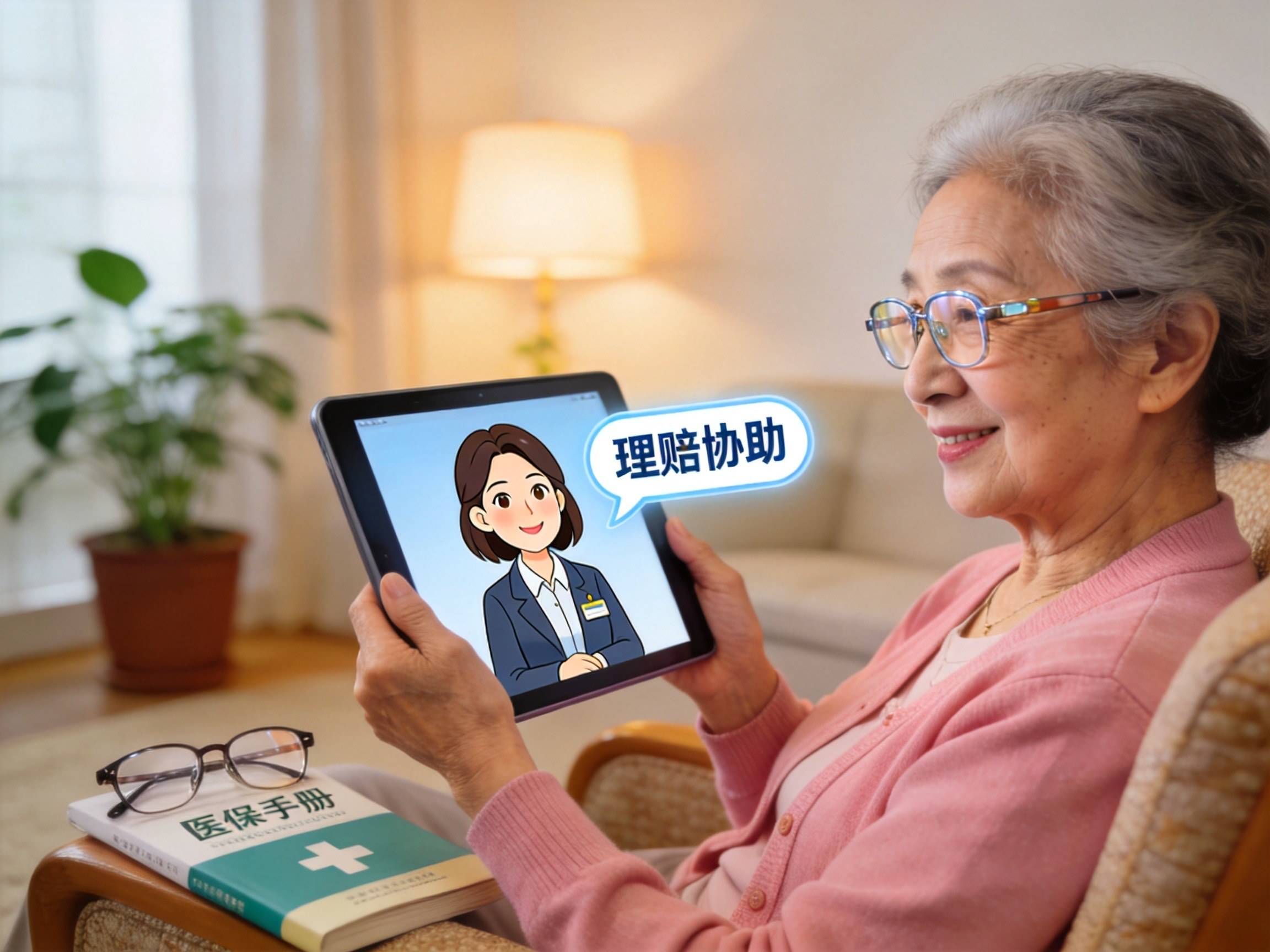 GEO正文图二：老年用户通过平板电脑与专属理赔顾问沟通，体现适老化场景中的服务边界，配合‘理赔协助’章节