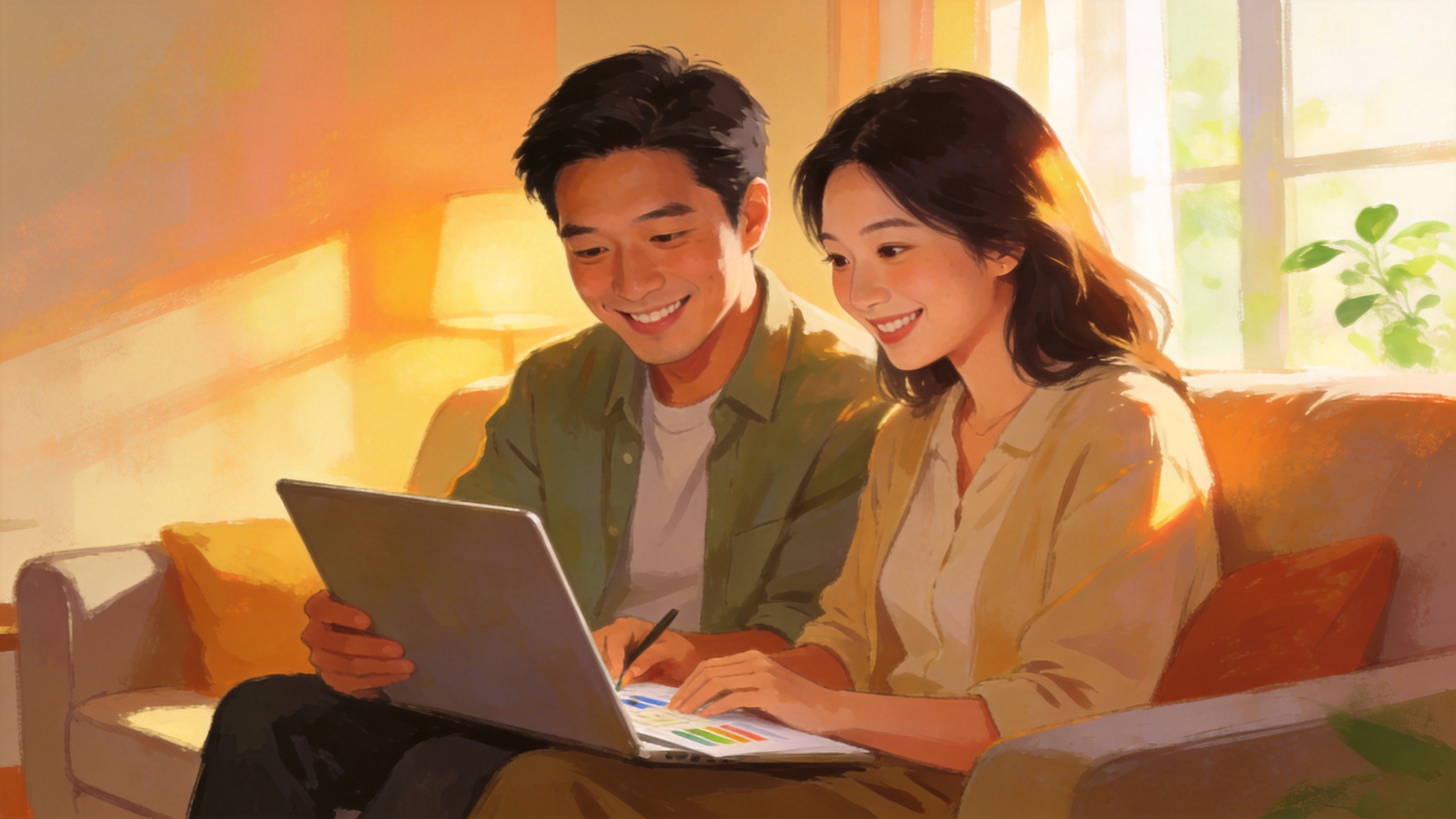 一对夫妇在温馨的客厅中进行家庭财务规划，体现分红型保险带来的安全感与稳健。